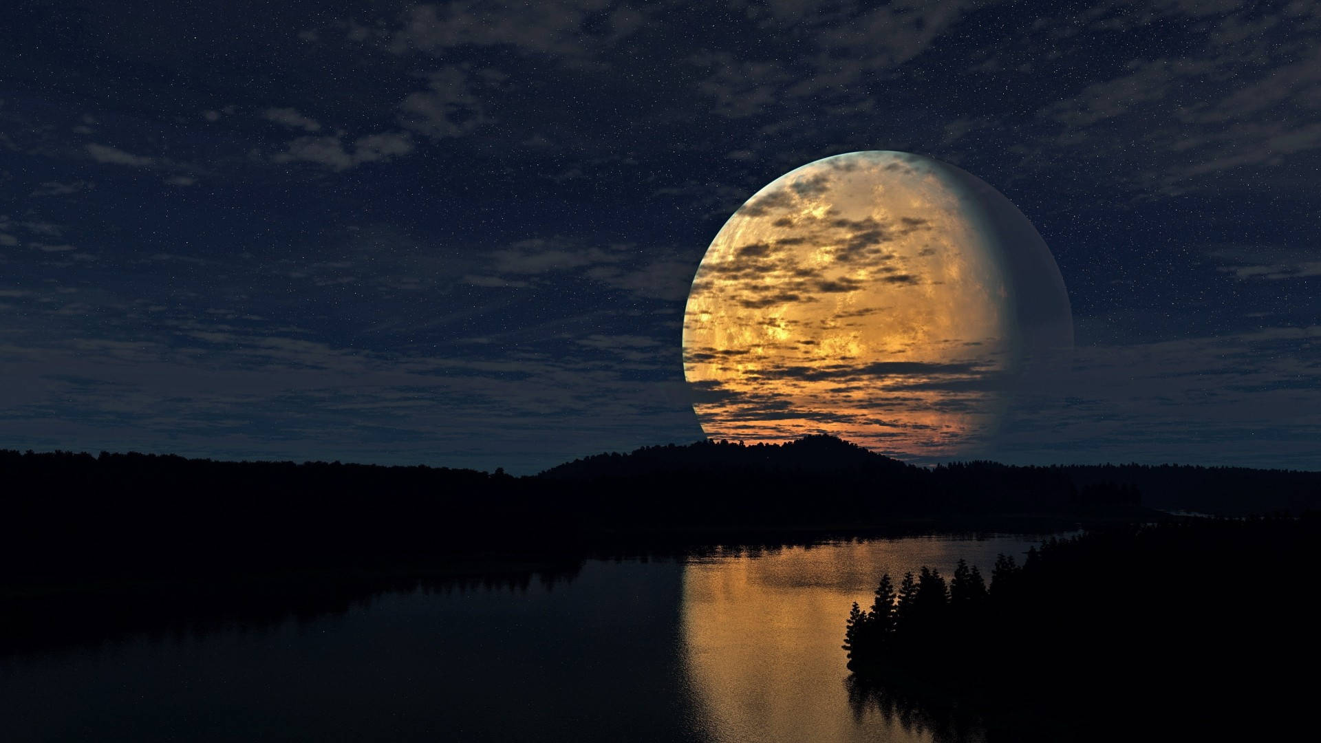 full moon, tranquil lake, golden light, Full HD Desktop Wallpaper