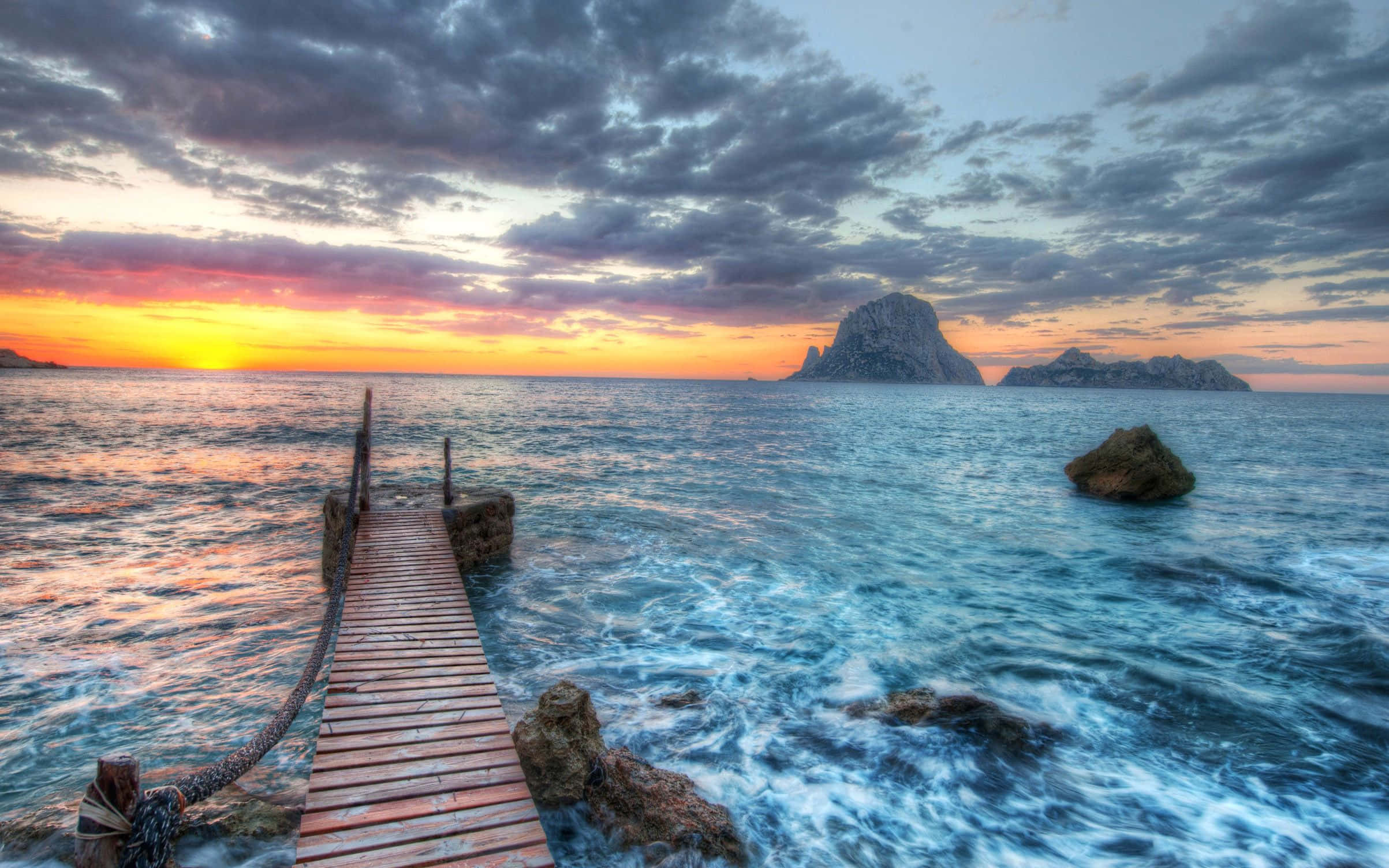 beautiful ocean, sunset, wooden pier, Full HD Desktop Wallpaper