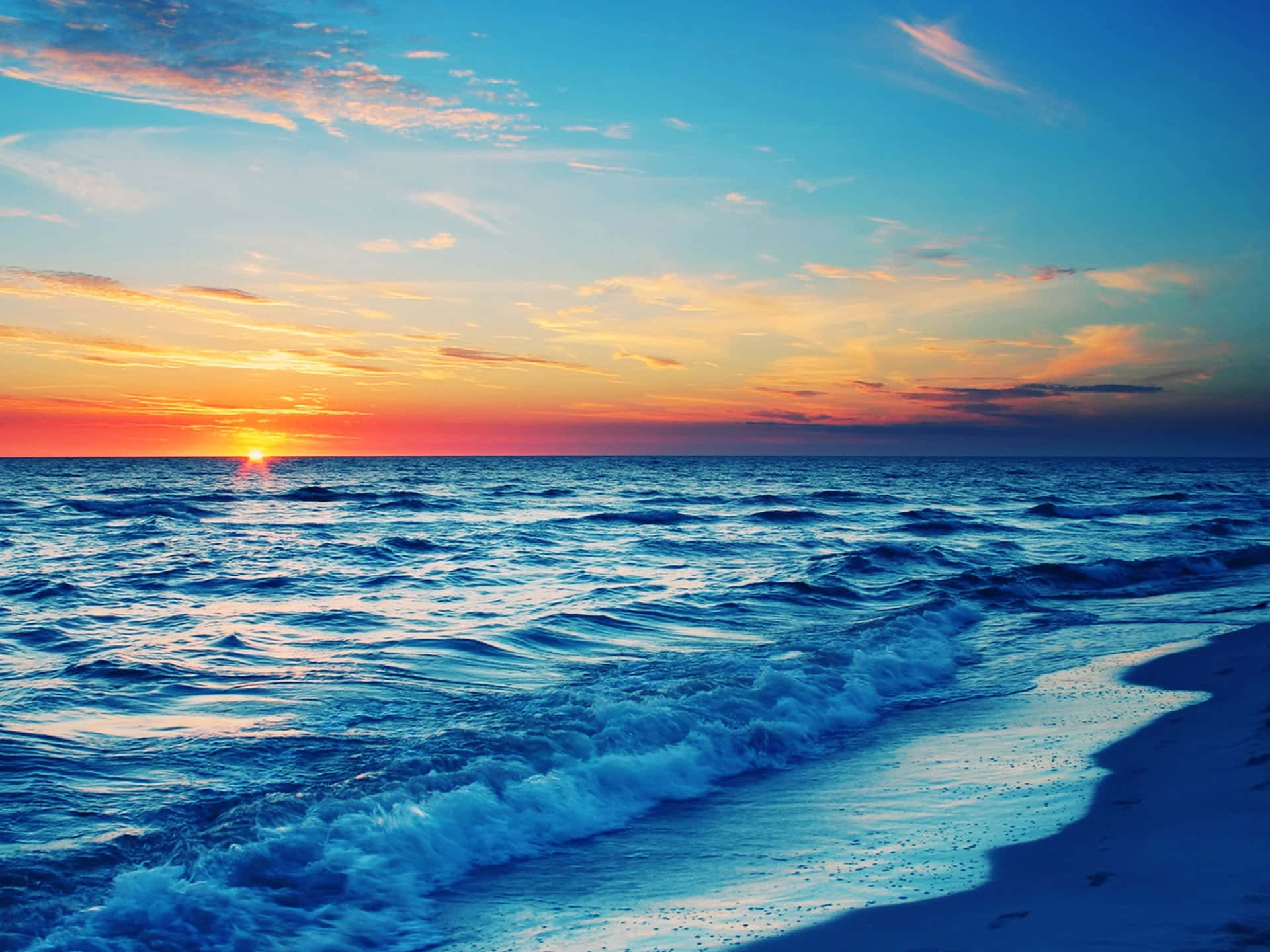 Golden Hour, sandy beach, vast blue ocean, Full HD Desktop Wallpaper
