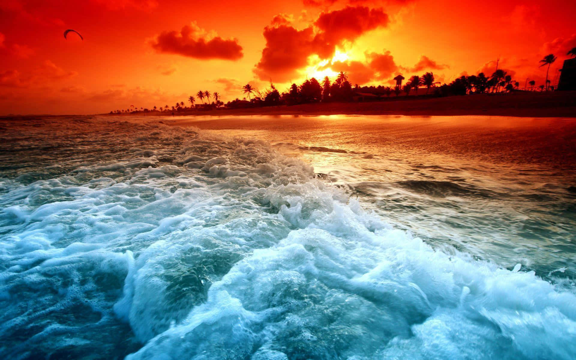 Sunset, Ocean, Fiery orange sky, Full HD Desktop Wallpaper