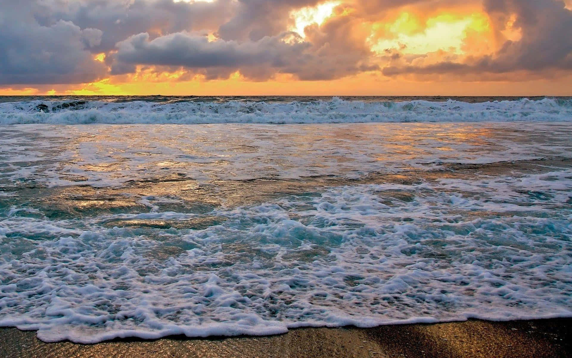 Sunset, Ocean, sandy shore, Full HD Desktop Wallpaper