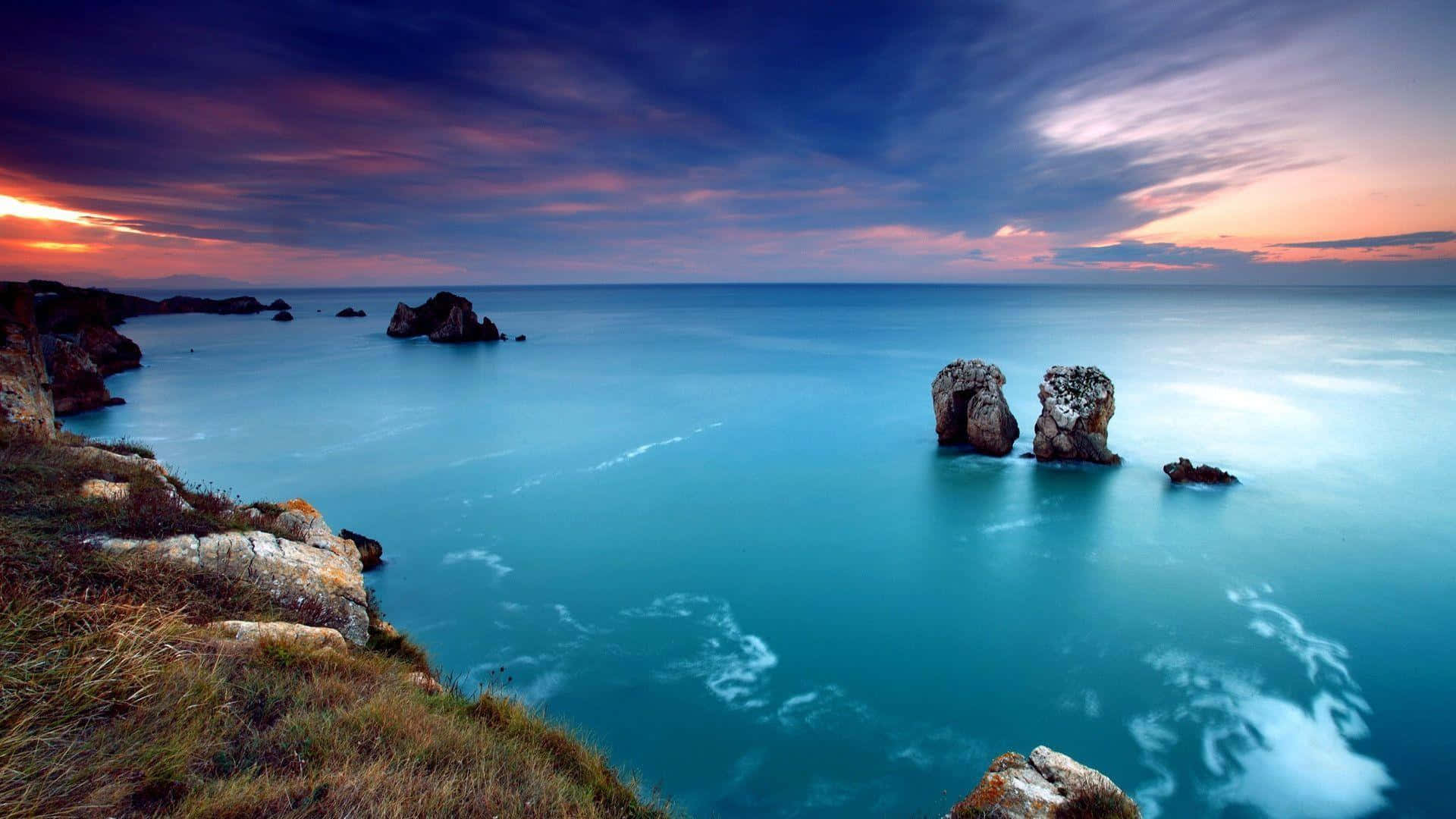 Beautiful Ocean, Sunset, purple and orange skies, Full HD Desktop Wallpaper
