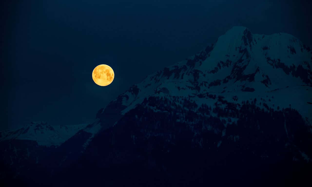 full moon, snow-capped mountain range, deep blue night sky, HD Desktop Wallpaper