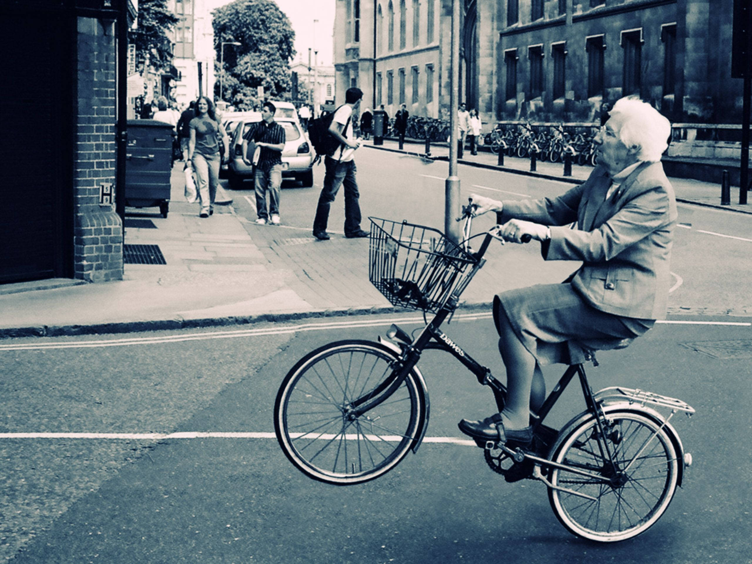 beautiful older woman, bicycle, basket, 2K Desktop Wallpaper