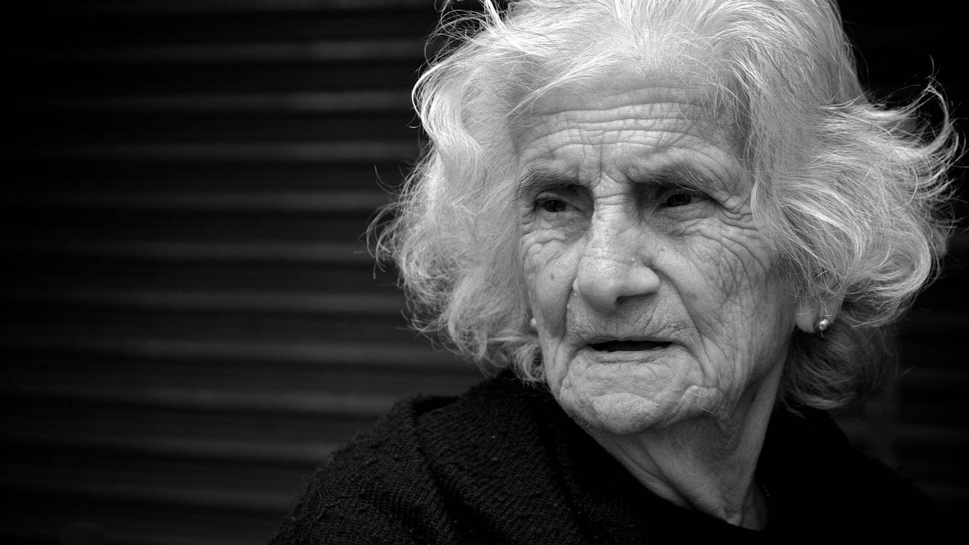 black and white portrait, elderly woman, wild white hair, Full HD Desktop Wallpaper