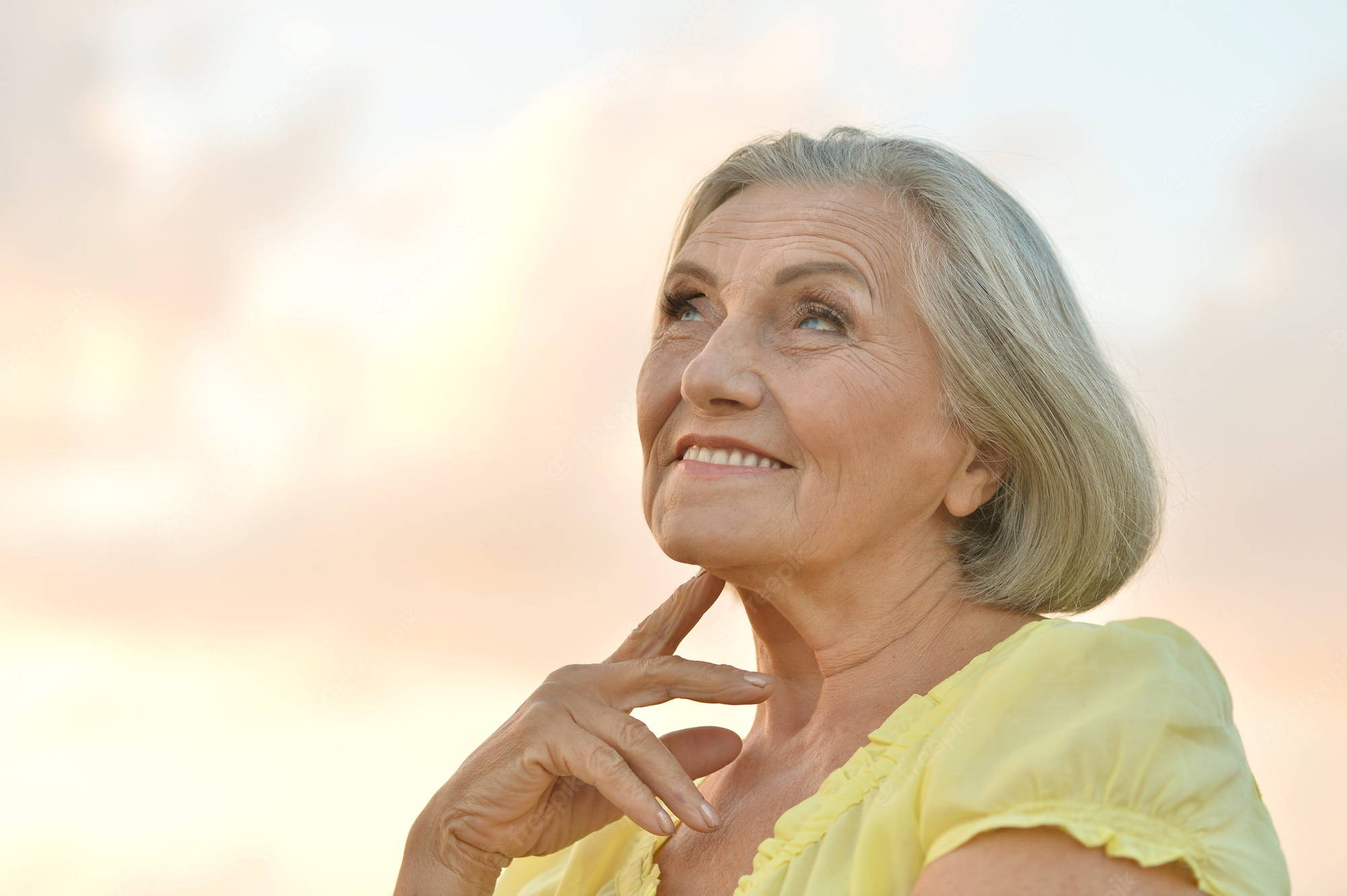 beautiful older woman, yellow top, gray hair, Full HD Desktop Wallpaper