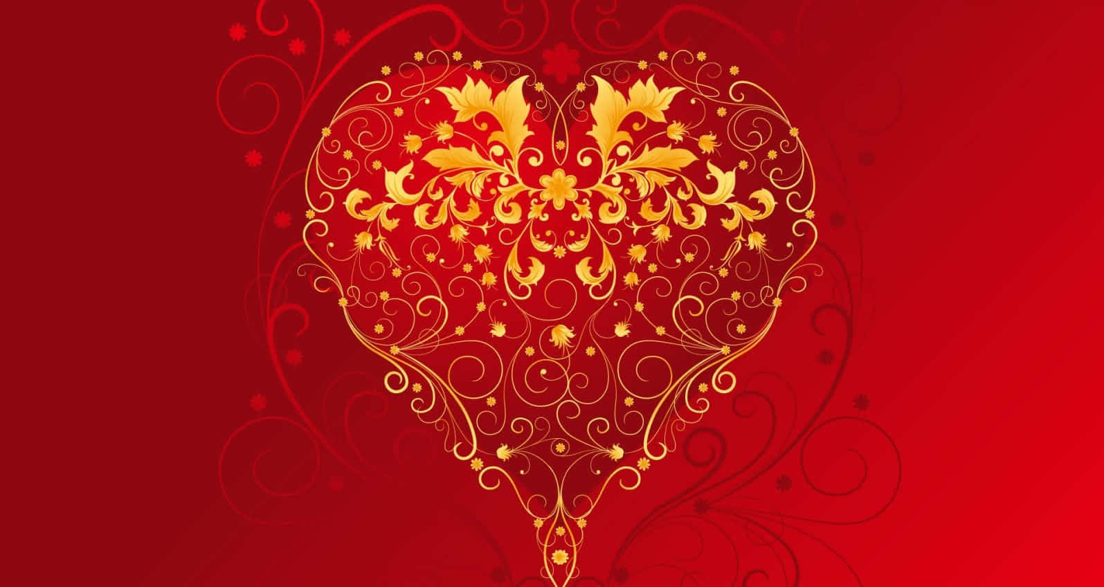 golden heart, intricate floral swirls, rich red background, HD Desktop Wallpaper