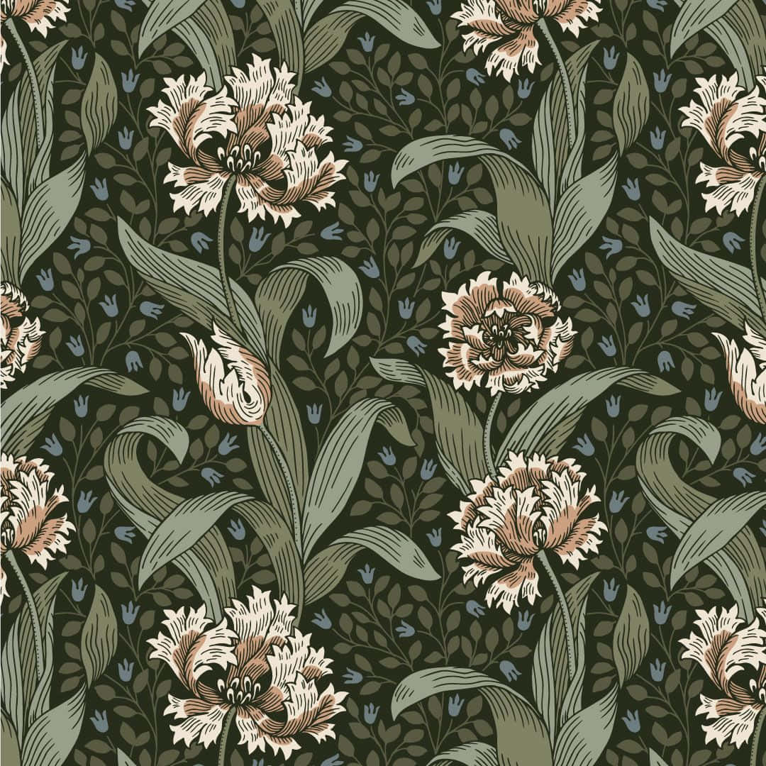 vintage floral pattern, cream tulips, olive leaves, SD Desktop Wallpaper