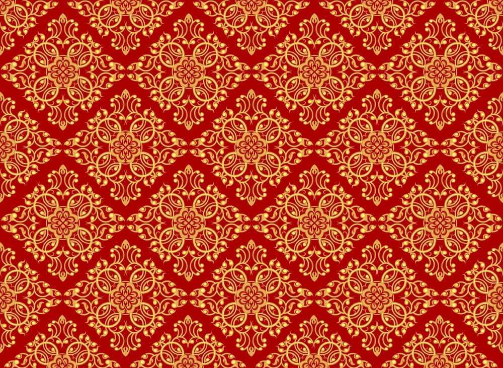 Vibrant red, gold ornate floral damask patterns, symmetrical grid, SD Desktop Wallpaper