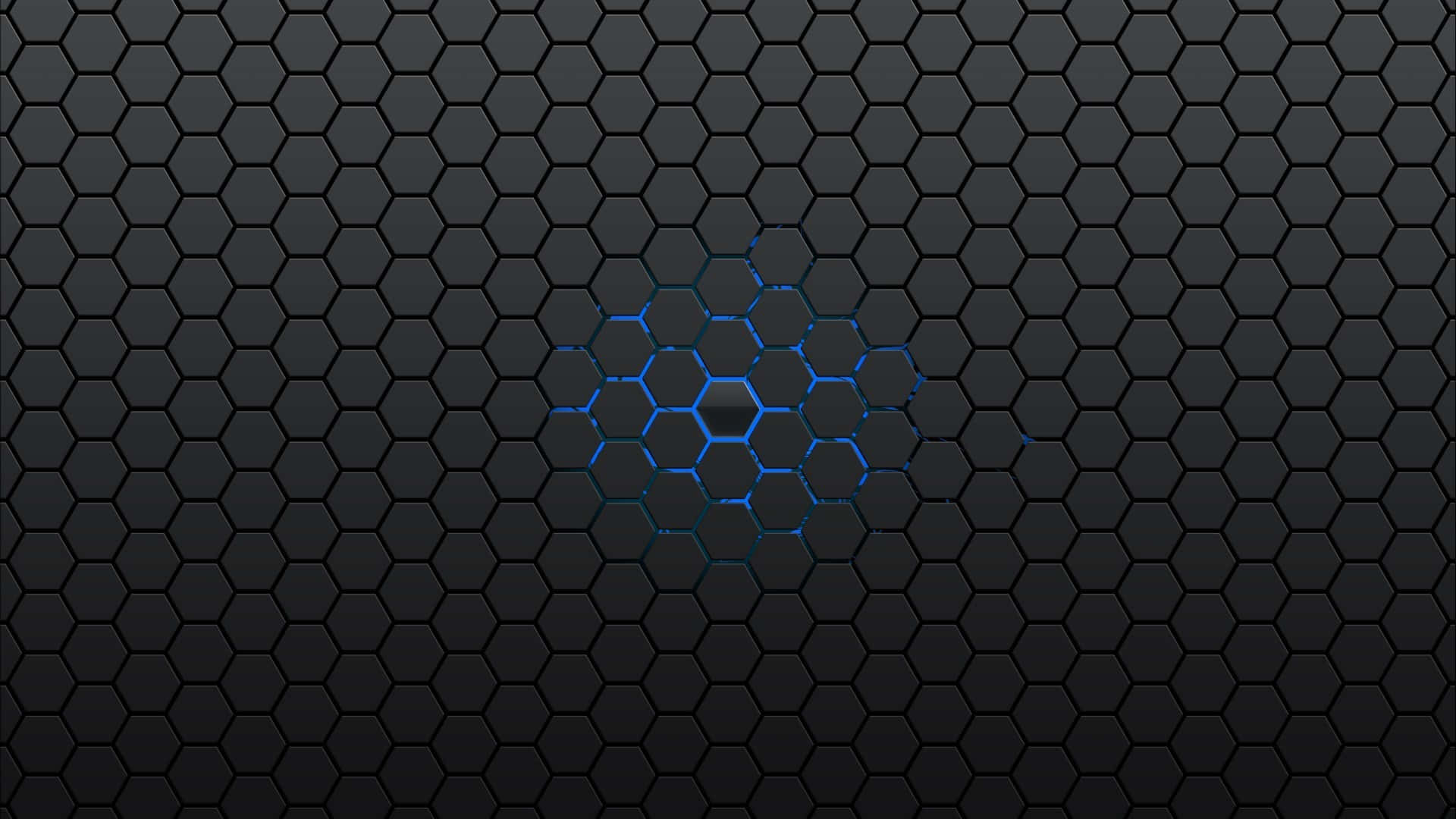 dark hexagonal grid pattern, glowing blue hexagons, central cluster, Full HD Desktop Wallpaper