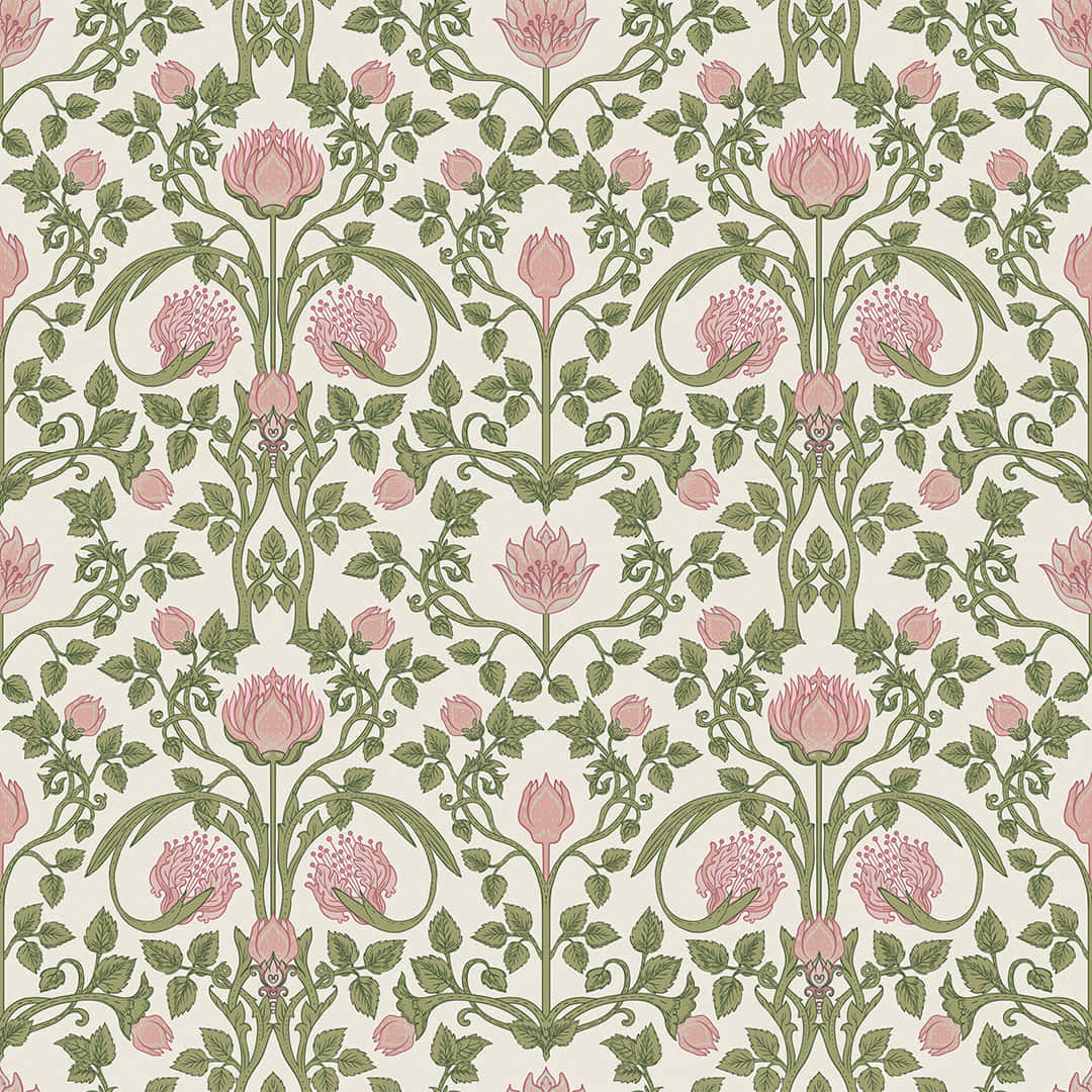Vibrant Geometric Pattern, pink stylized flowers, green vines, SD Desktop Wallpaper