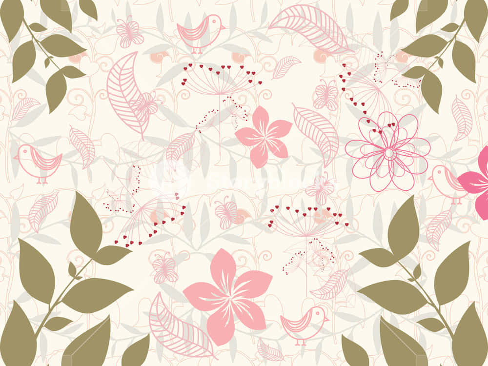 beautiful pattern, pink flowers, birds, SD Desktop Wallpaper