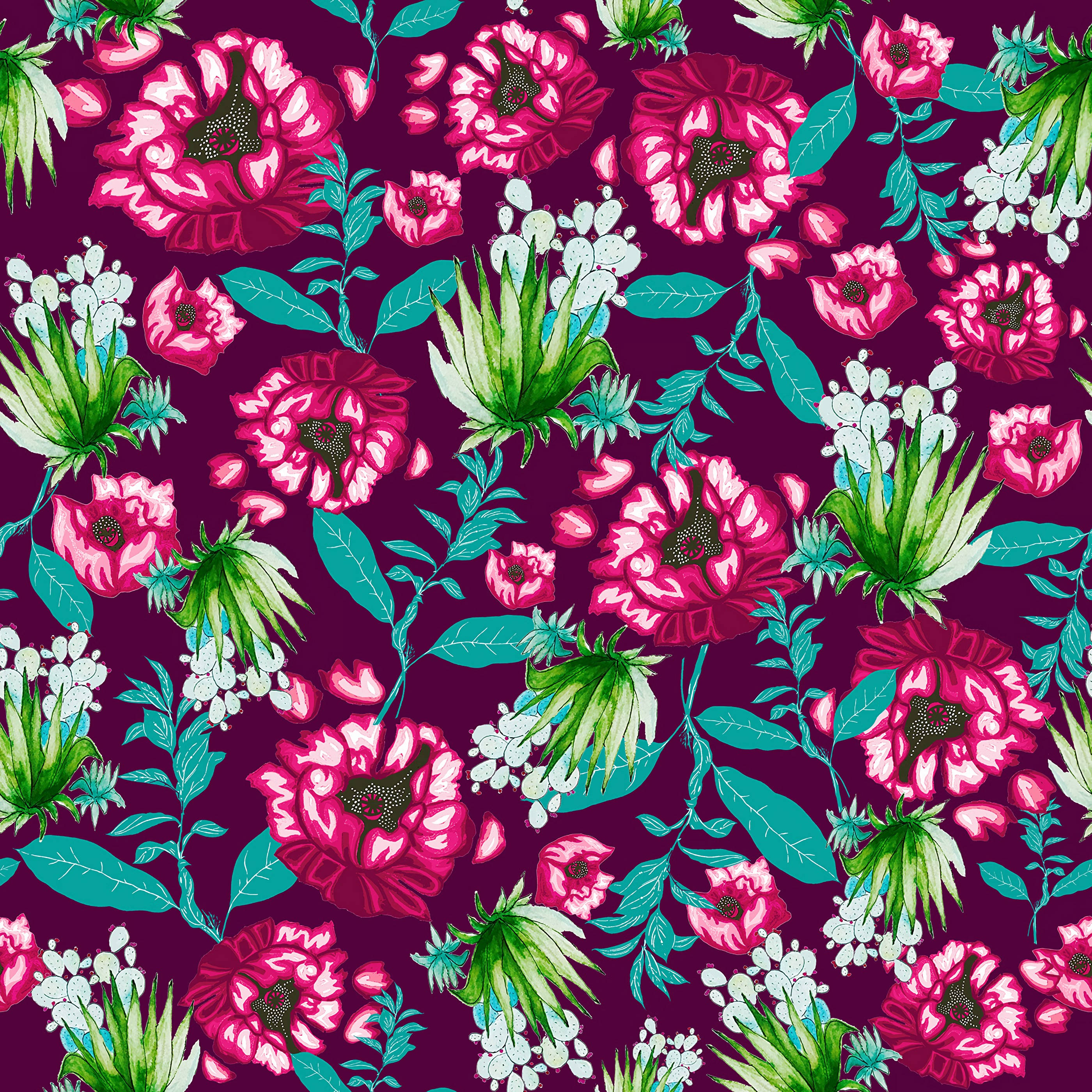 floral textured pattern, vibrant pink flowers, teal leaves, 2K Desktop Wallpaper