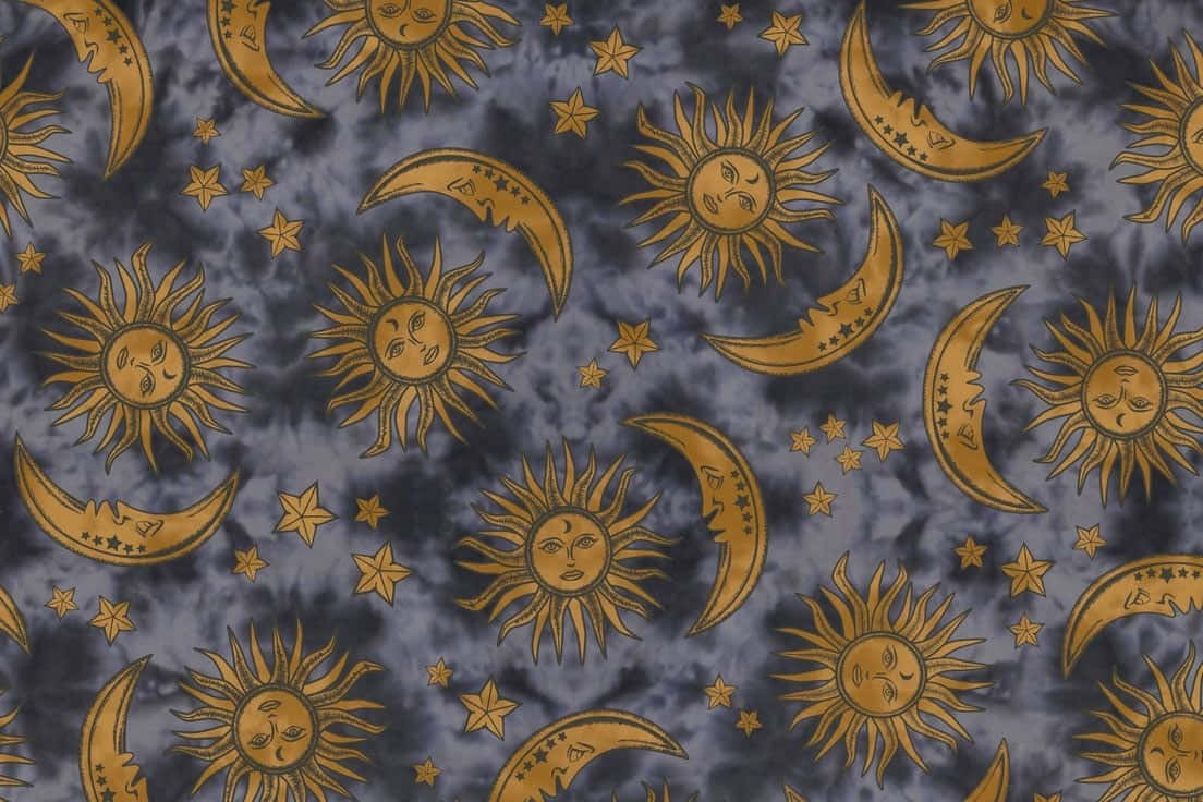 celestial pattern, golden suns, moons, SD Desktop Wallpaper