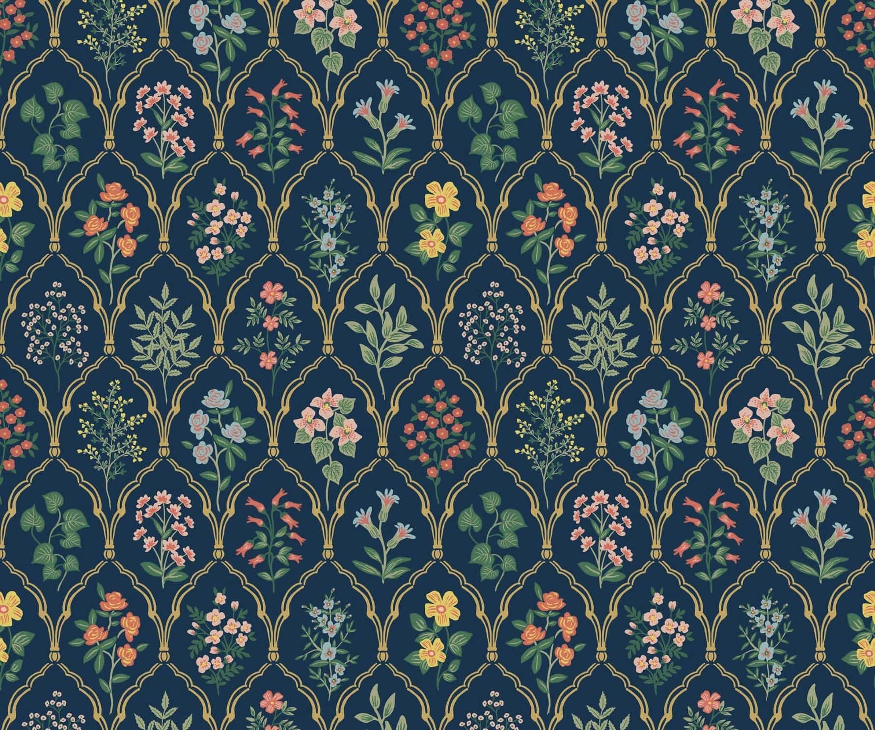 navy, golden arches, colorful floral motifs, HD Desktop Wallpaper