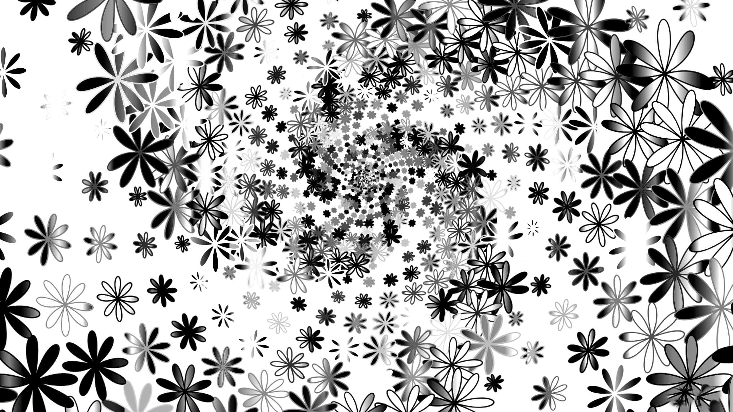 black and white pattern, swirling vortex, stylized flowers, 2K Desktop Wallpaper