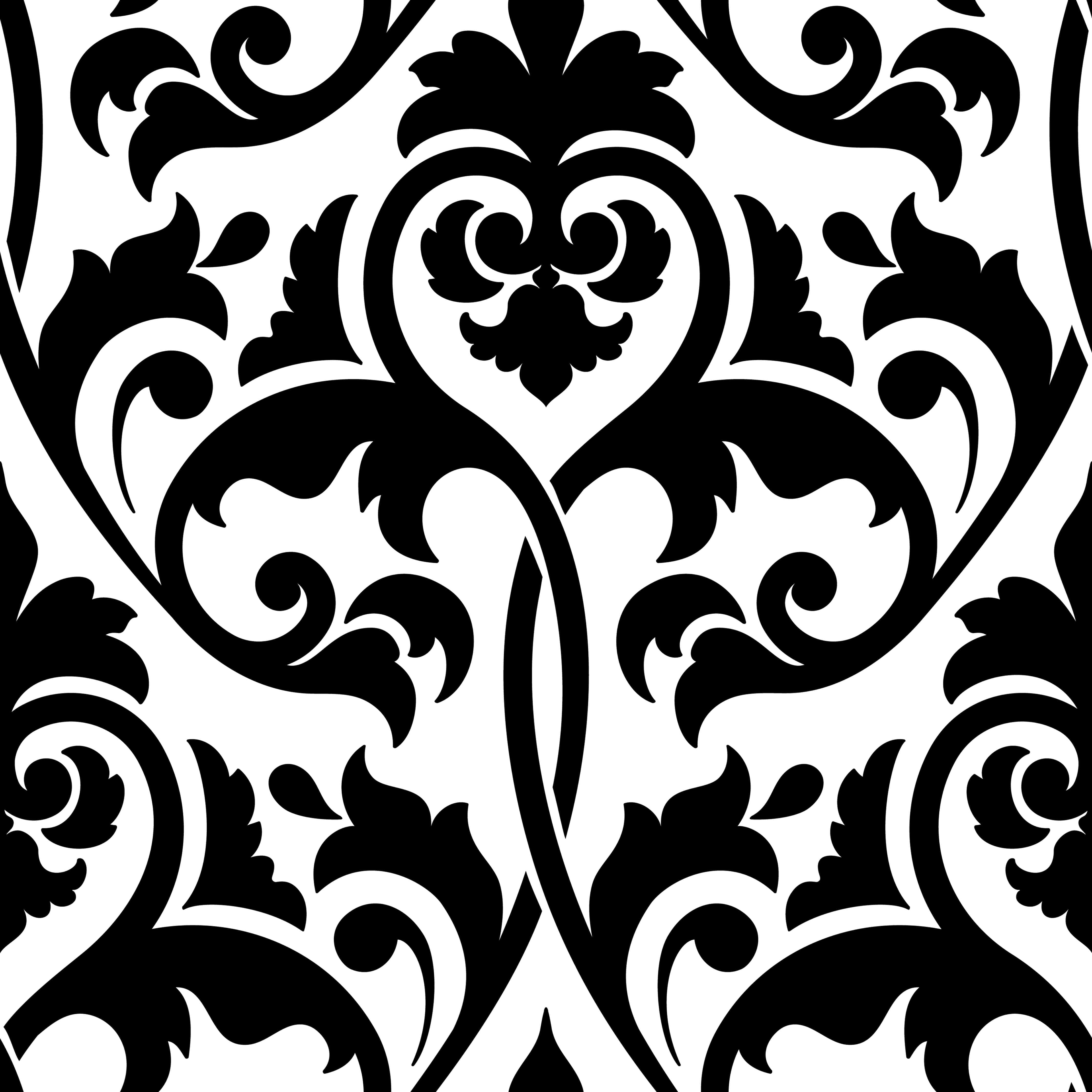 elegant black damask pattern, black and white damask pattern, intricate swirling floral motifs, 4K Desktop Wallpaper