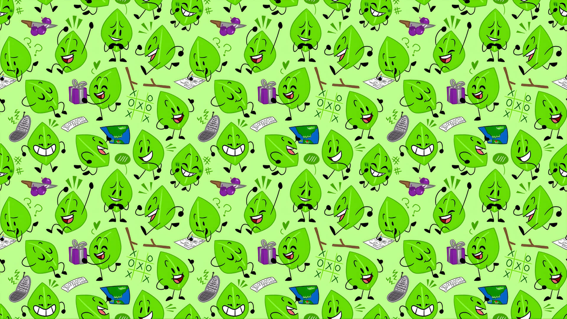 bfdi, leafy pattern, smiling cartoon leaves, Full HD Desktop Wallpaper