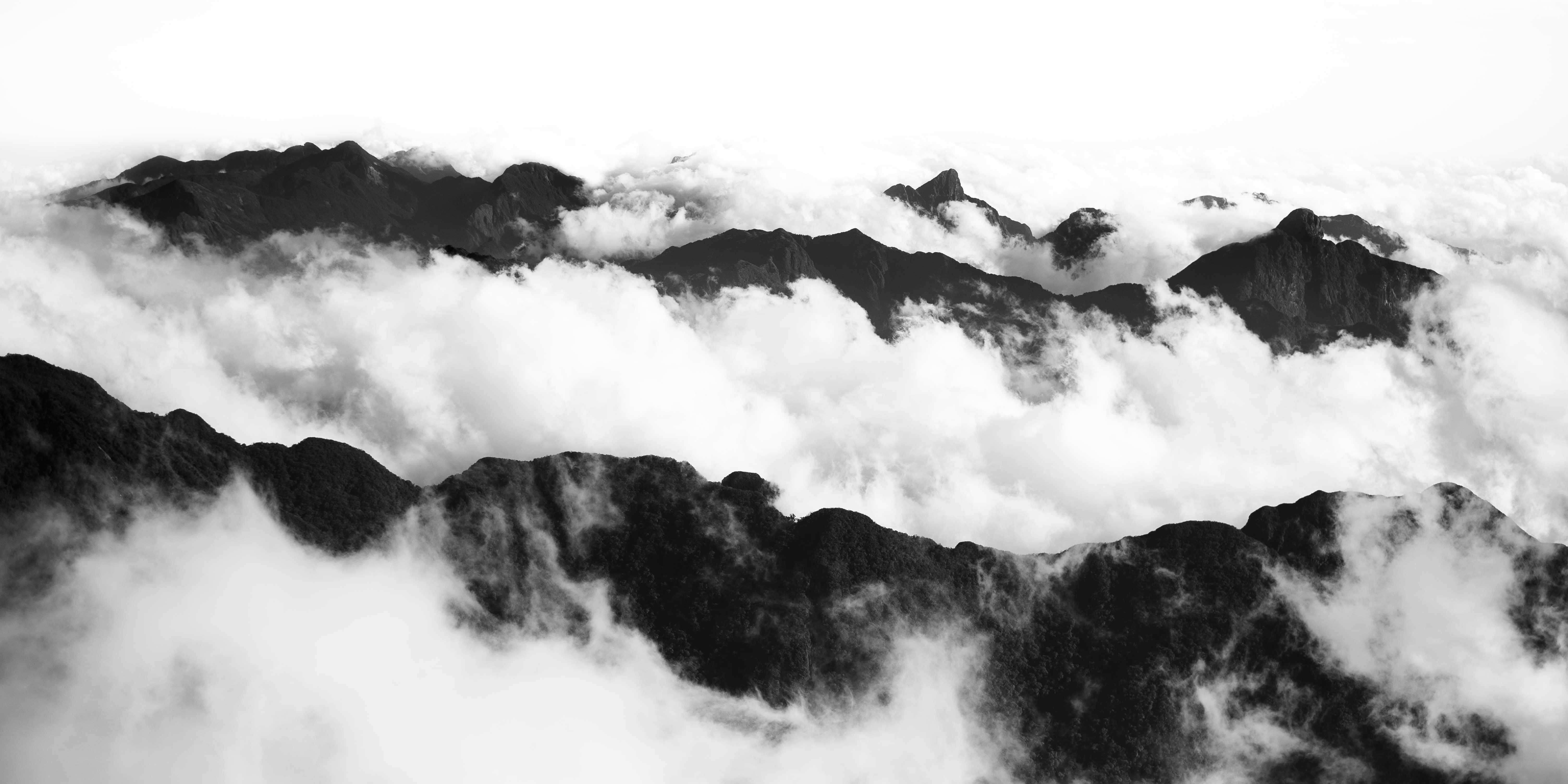 black and white landscape, mountain peaks, dense clouds, 5K Desktop Wallpaper