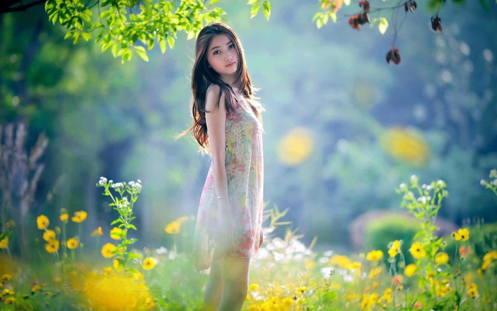 young woman, floral dress, sunlit yellow wildflowers, Full HD Desktop Wallpaper