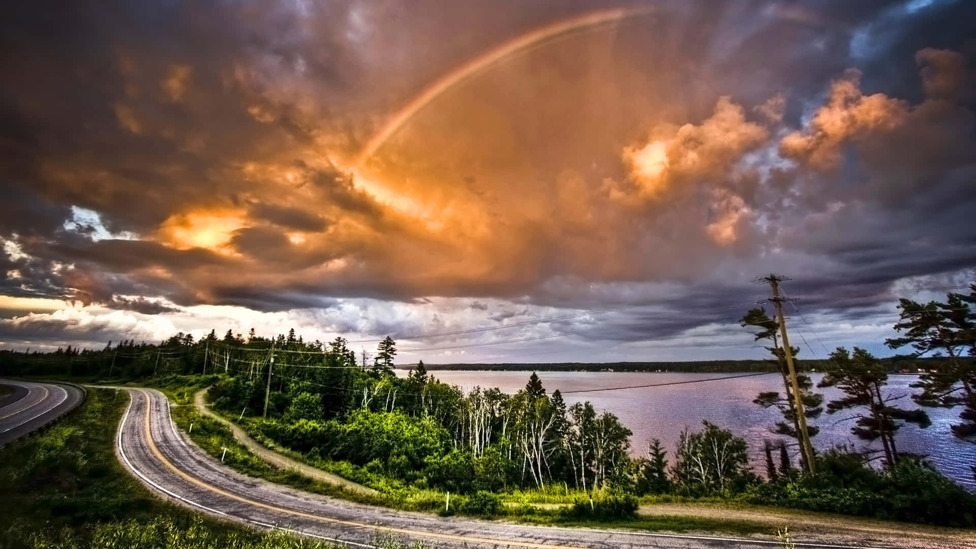 Lakeside, Sunset, Rainbow, Full HD Desktop Wallpaper