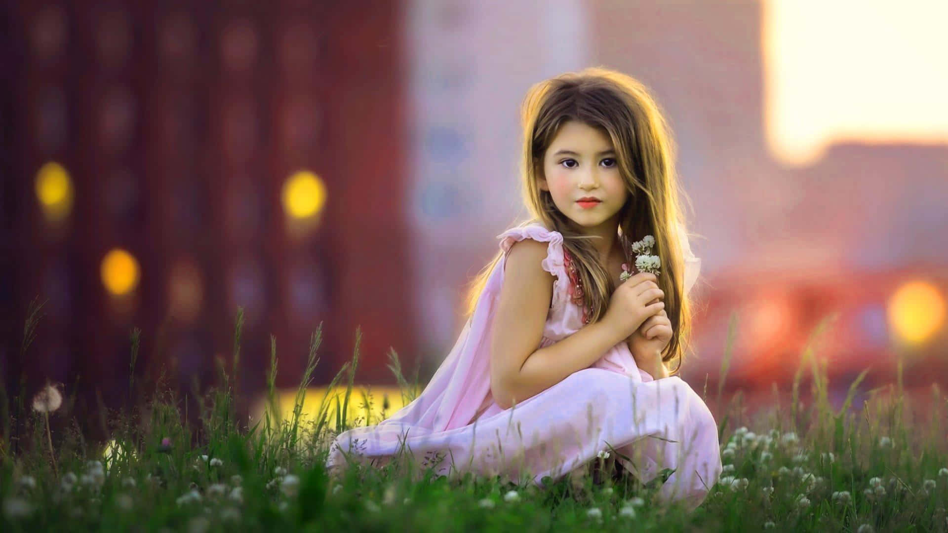 young girl, pink dress, grassy field, Full HD Desktop Wallpaper