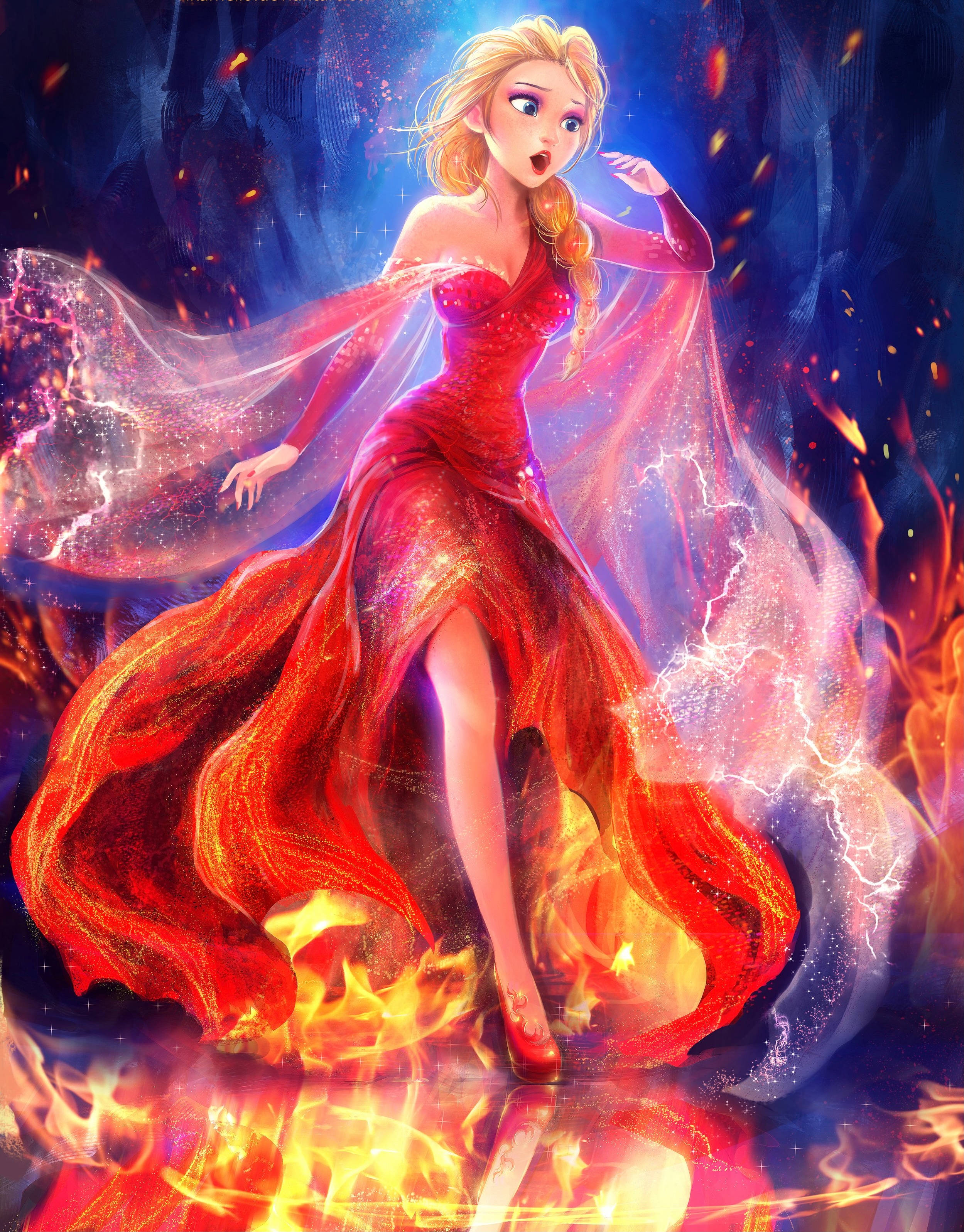 Beautiful Princess, flaming gown, flowing red gown, 2K Phone Wallpaper