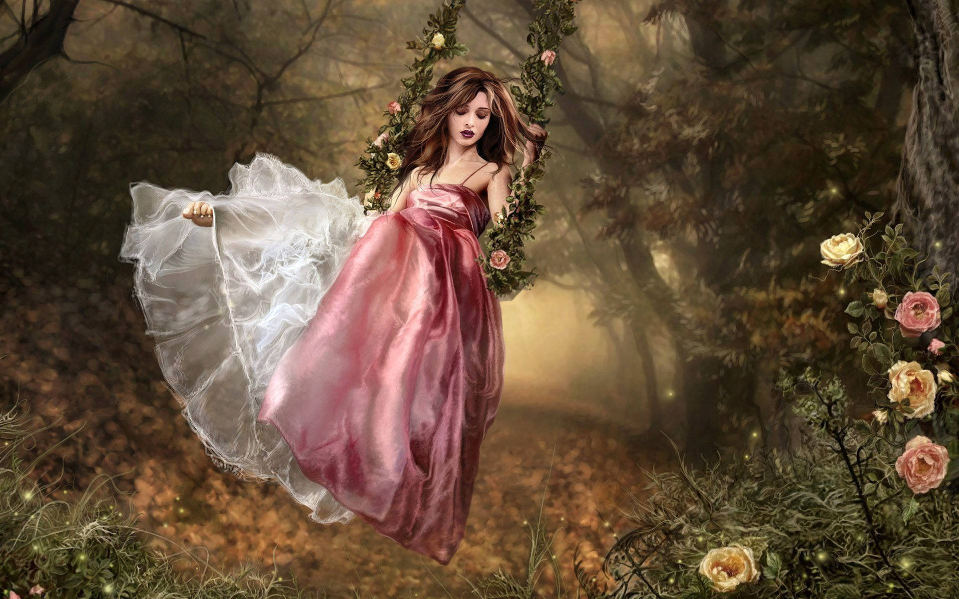Beautiful Princess, pink and white gown, floral swing, Full HD Desktop Wallpaper