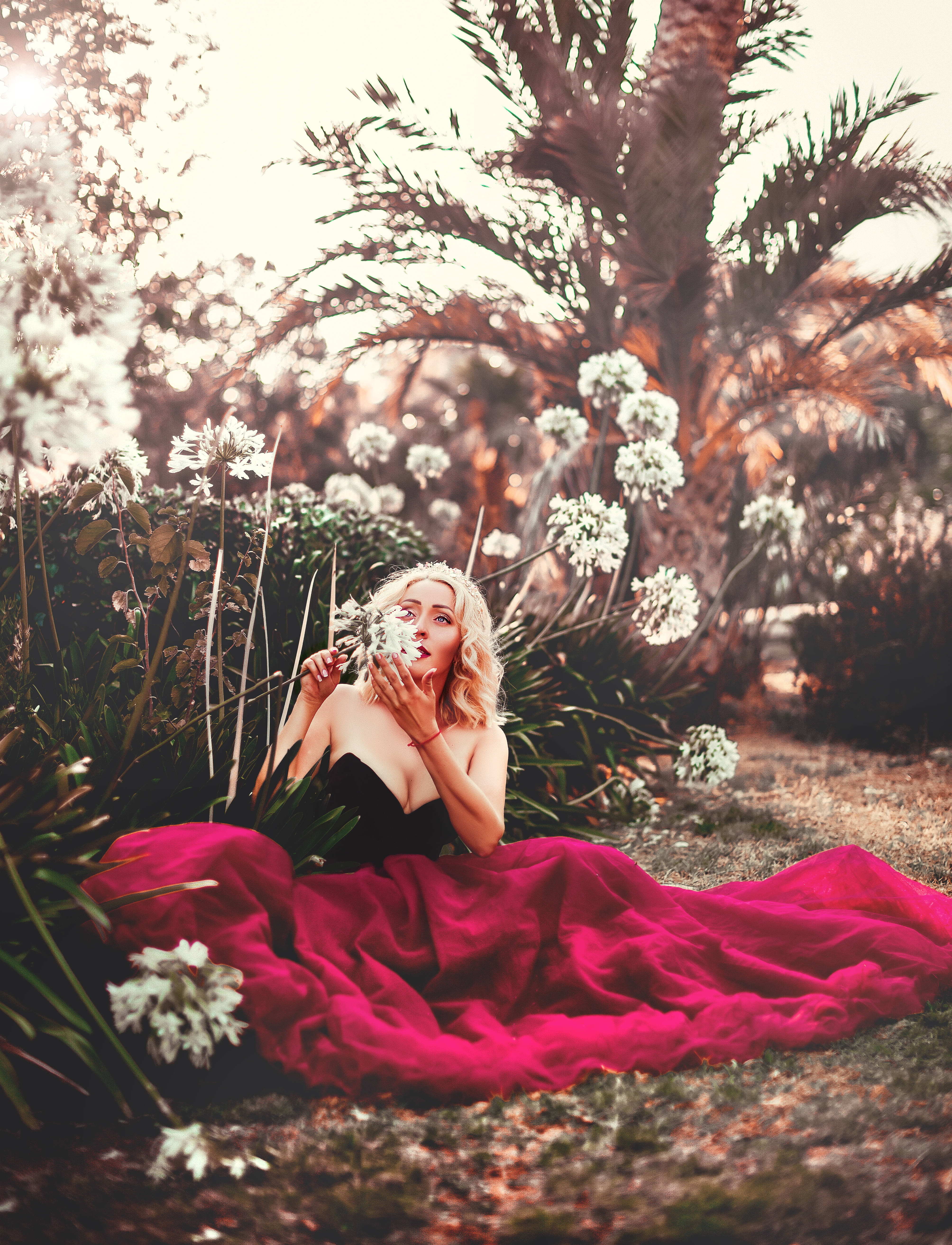 Beautiful Princess, vibrant red gown, white flowers, 5K Phone Wallpaper