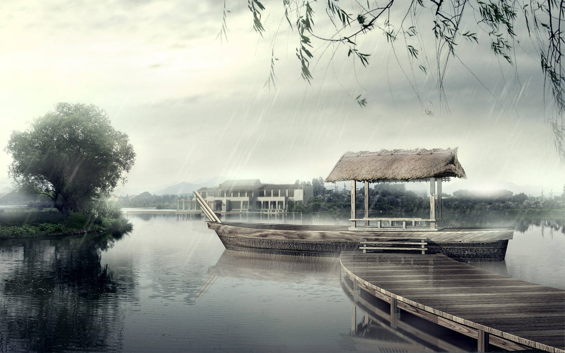 Beautiful Rain, lake, wooden dock, Full HD Desktop Wallpaper