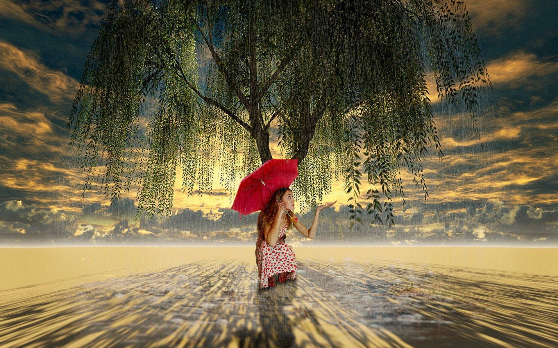 woman in red, red umbrella, weeping willow tree, Full HD Desktop Wallpaper