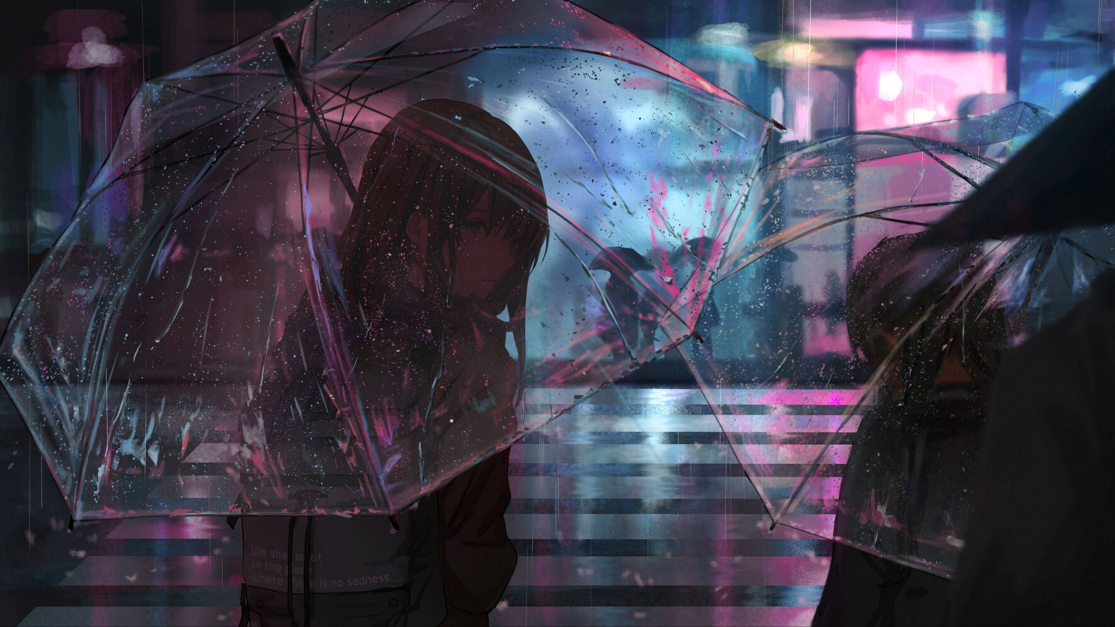 anime girl, dark hair, transparent umbrella, 4K Desktop Wallpaper