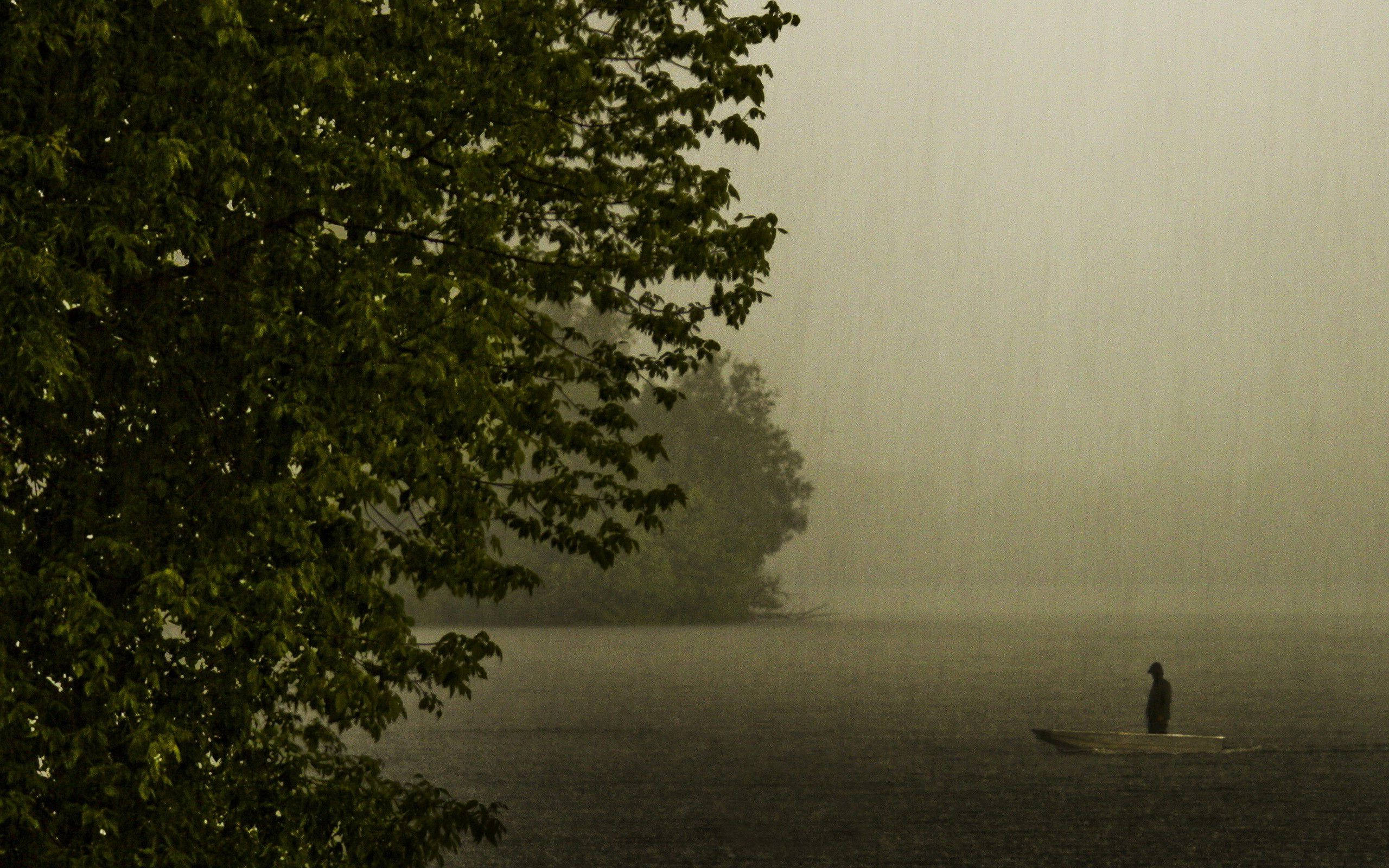 fisherman, beautiful rain, misty lake, 2K Desktop Wallpaper