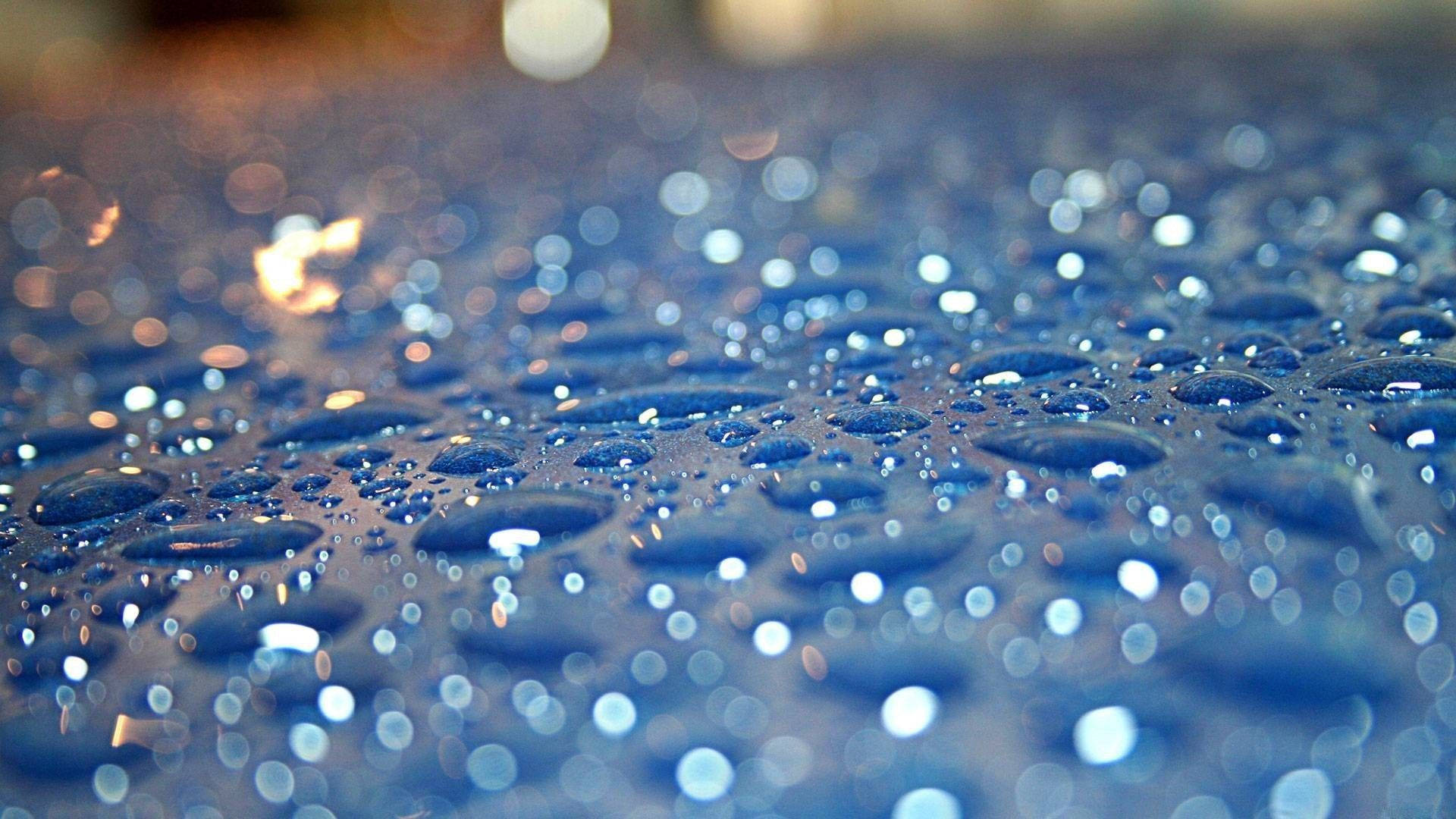 rain droplets, blue surface, glistening water droplets, Full HD Desktop Wallpaper