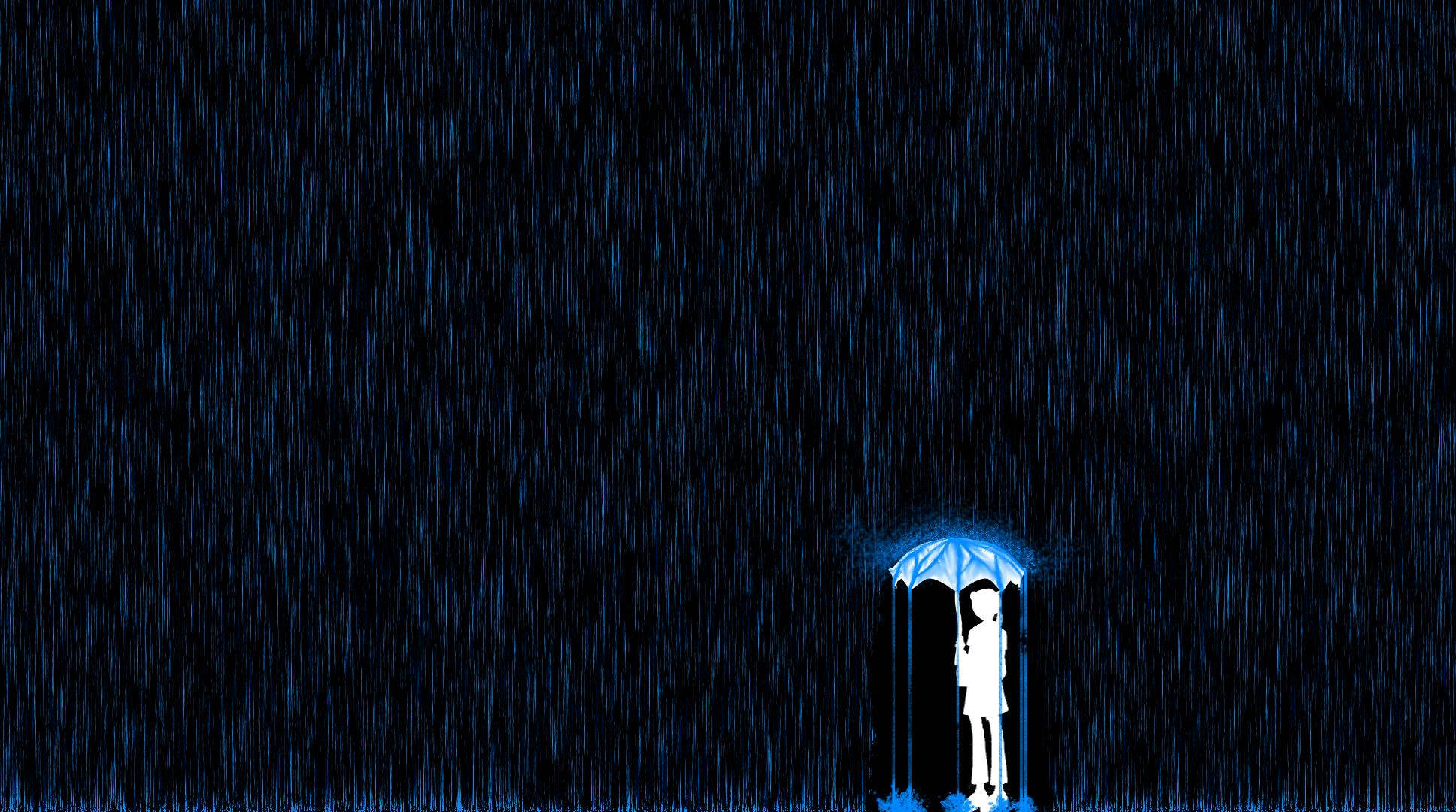 white silhouette, glowing blue umbrella, dark blue rain streaks, Full HD Desktop Wallpaper