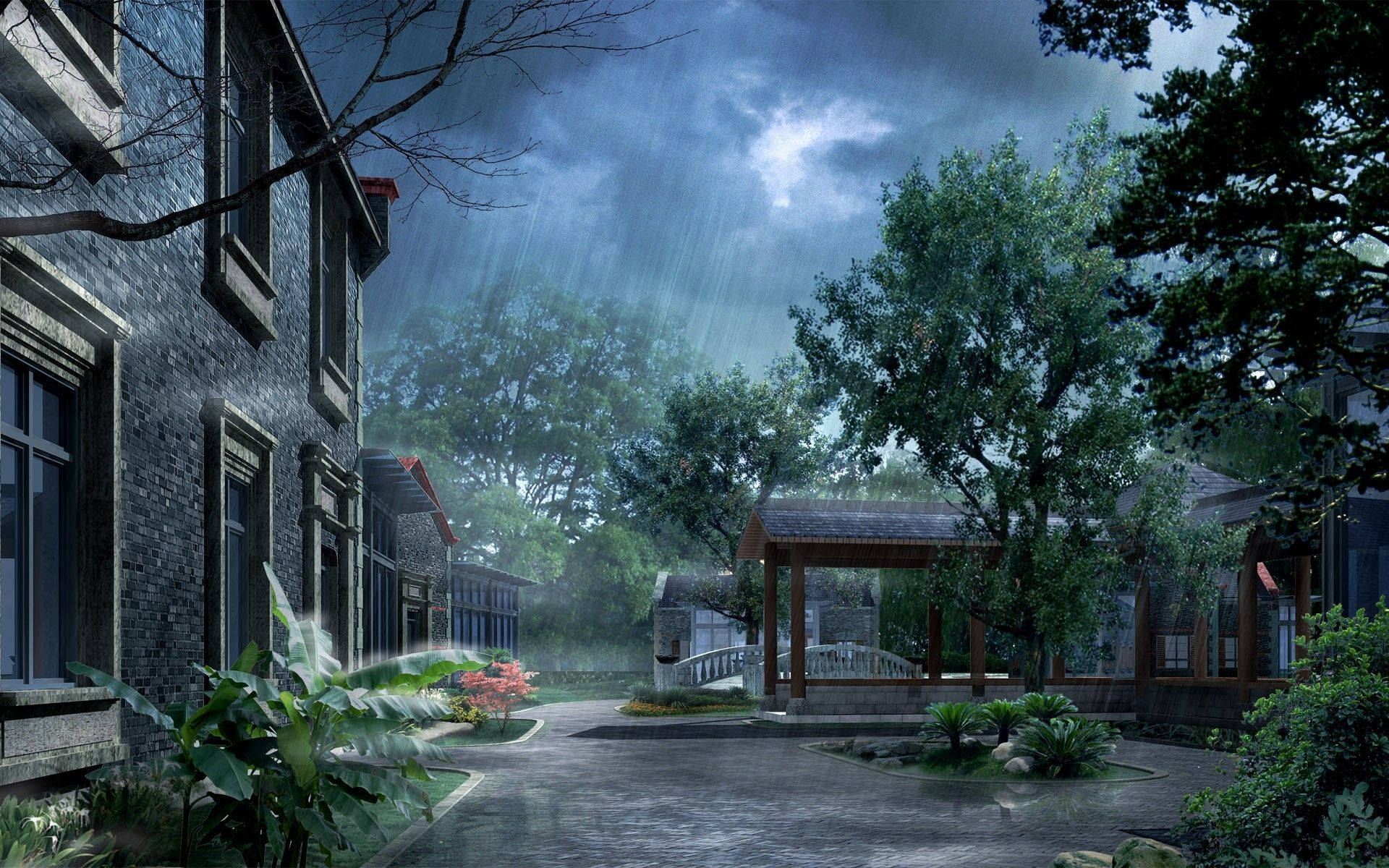 rain, quiet courtyard, stone buildings, Full HD Desktop Wallpaper