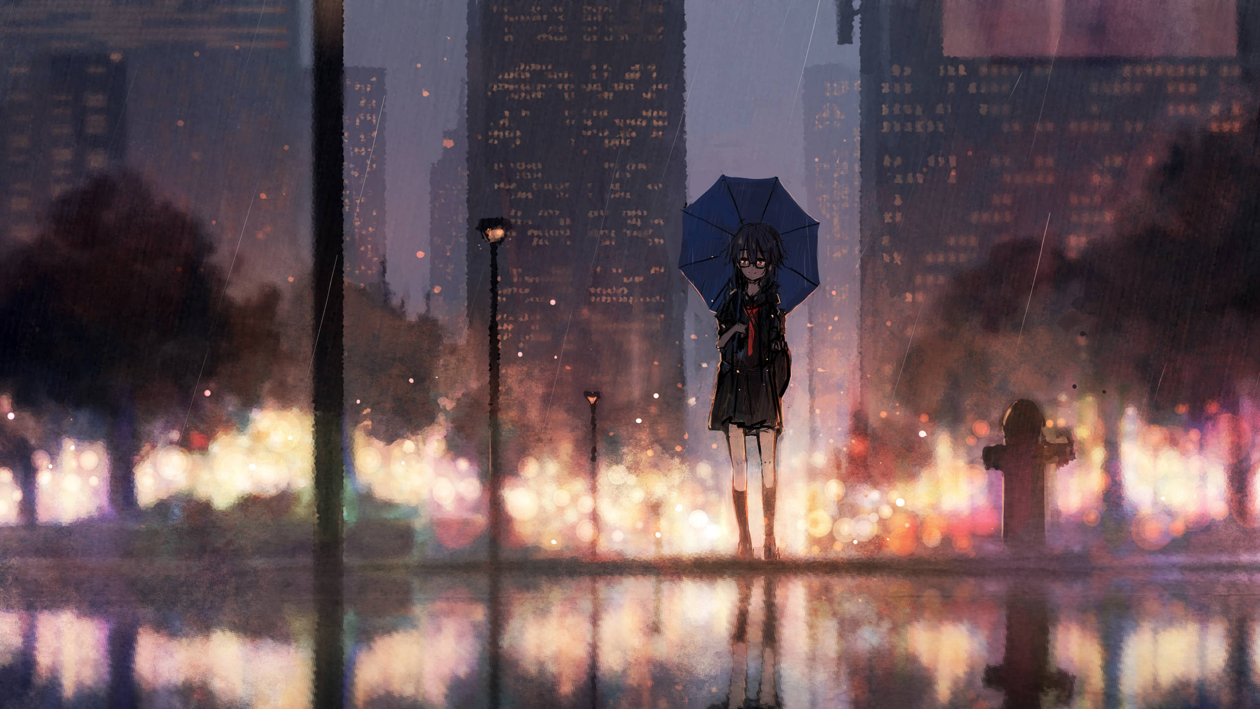 anime girl, dark hair, blue umbrella, 2K Desktop Wallpaper