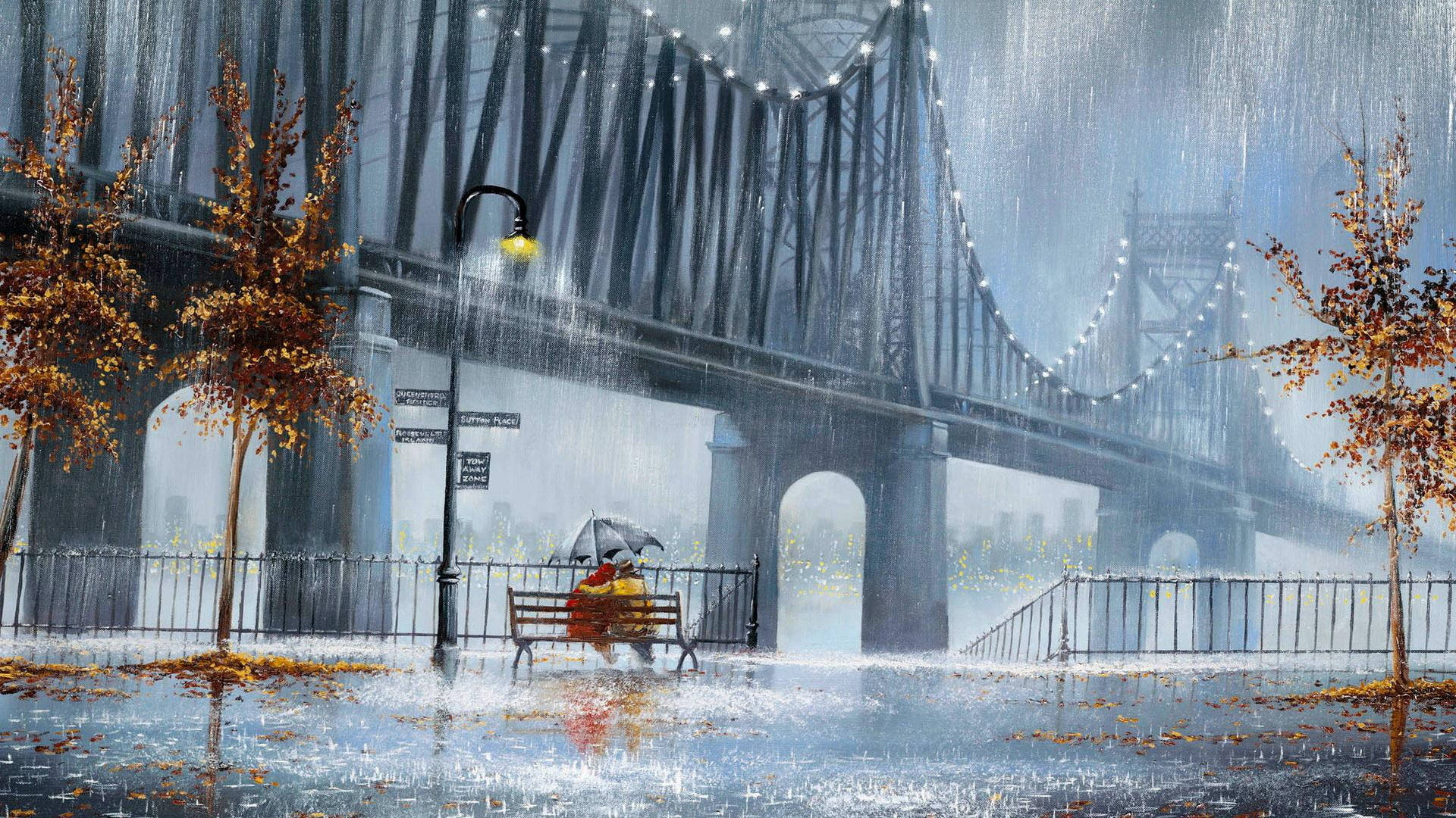 red coat, umbrella, rain-slicked bench, Full HD Desktop Wallpaper