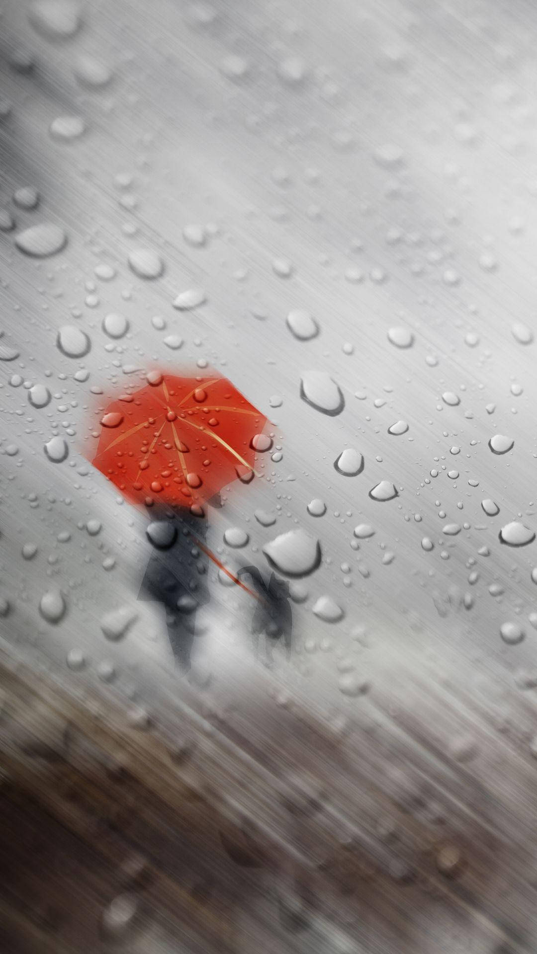 vibrant red umbrella, rainy cityscape, water-streaked window, Full HD Phone Wallpaper
