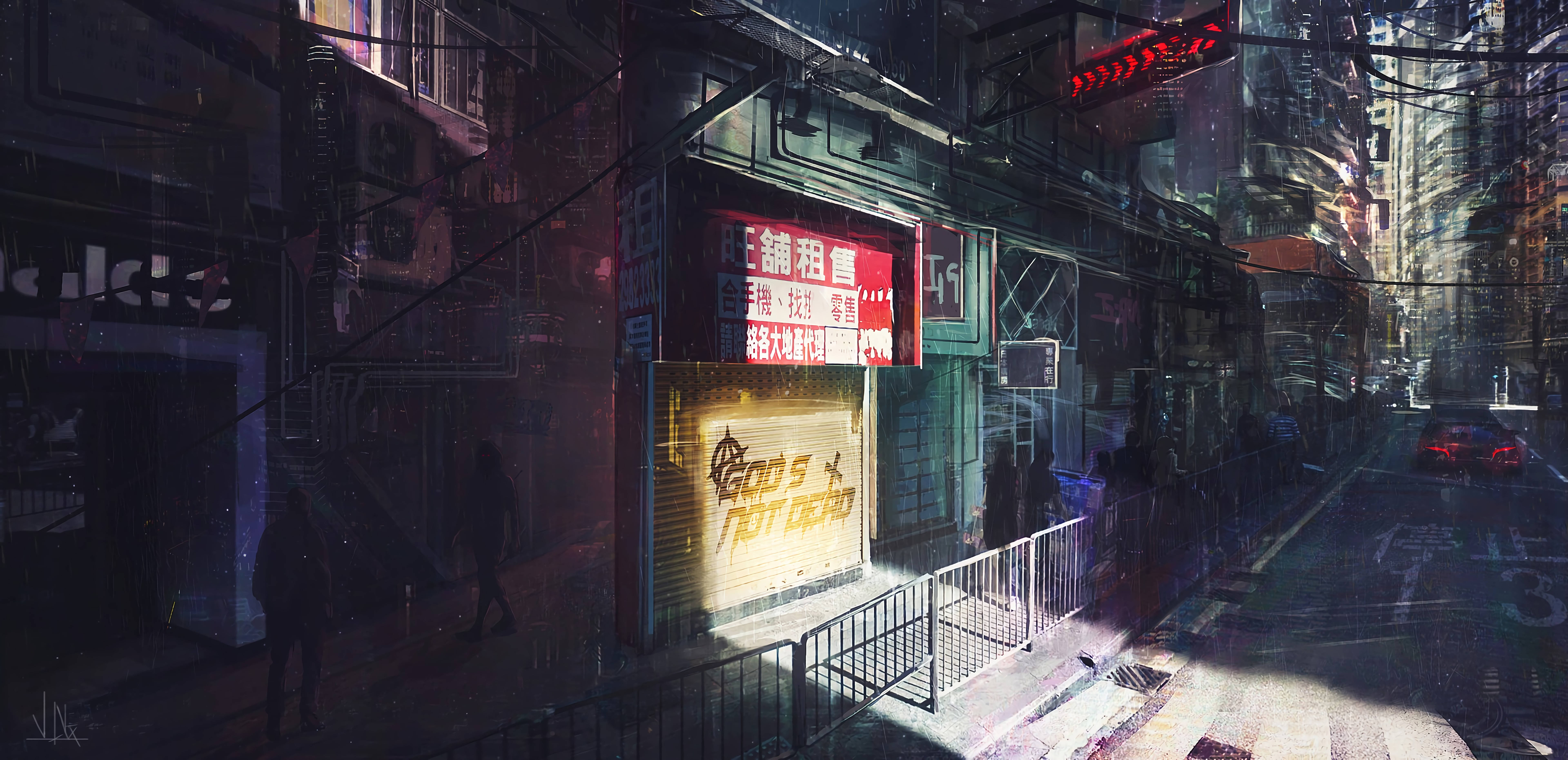cyberpunk city, rain-slicked neon-lit alleyway, glowing signs, 8K Desktop Wallpaper