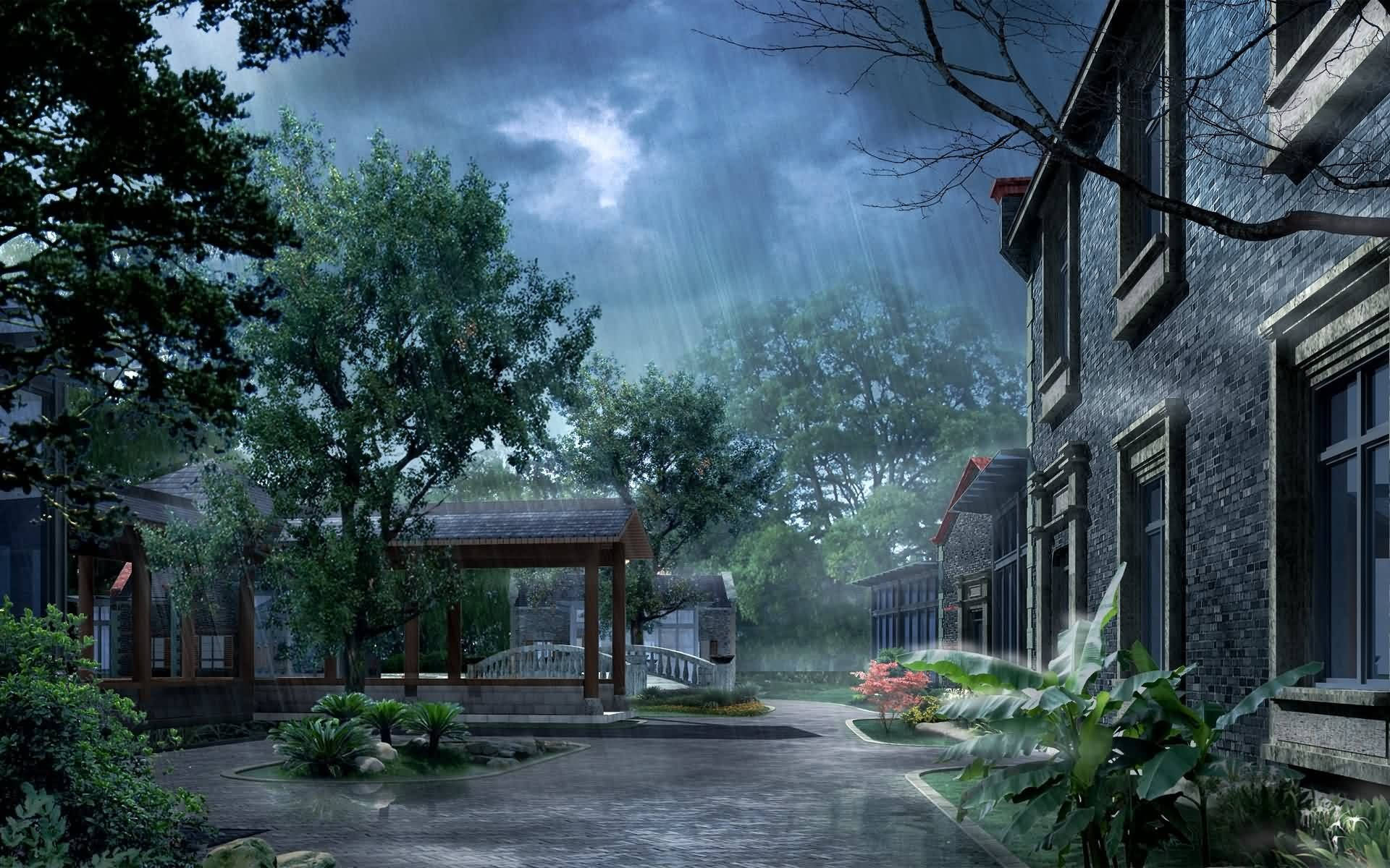 Rainy Weather Landscape, storm clouds, quiet courtyard, Full HD Desktop Wallpaper