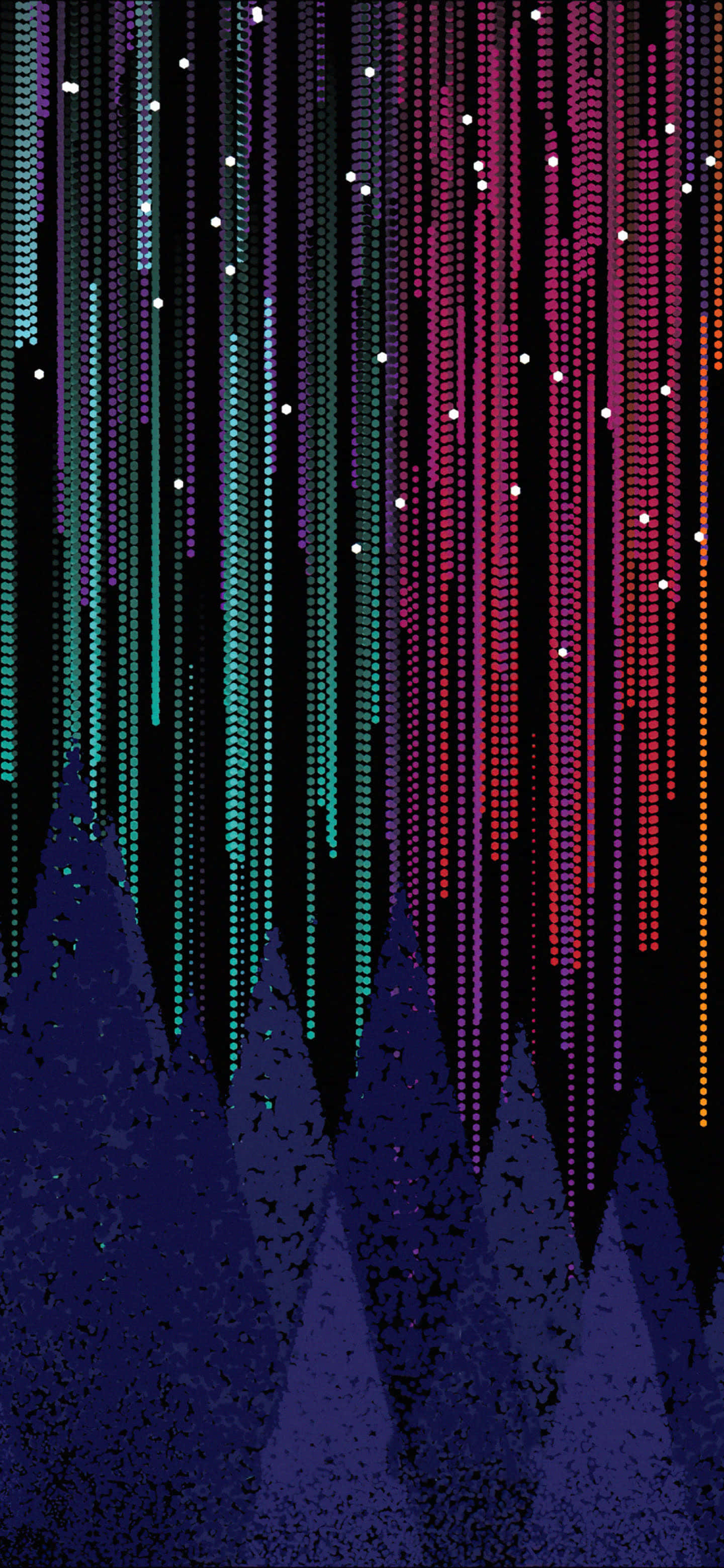 abstract colorful rain pattern, glowing dots, dark purple mountain silhouettes, 2K Phone Wallpaper
