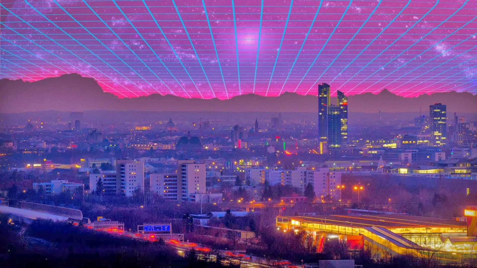 futuristic cityscape, dusk, neon grid lines, Full HD Desktop Wallpaper