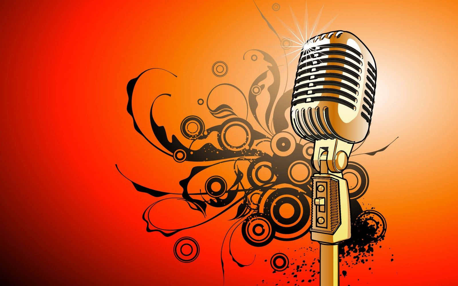 vintage golden microphone, fiery orange gradient, swirling black abstract patterns, HD Desktop Wallpaper
