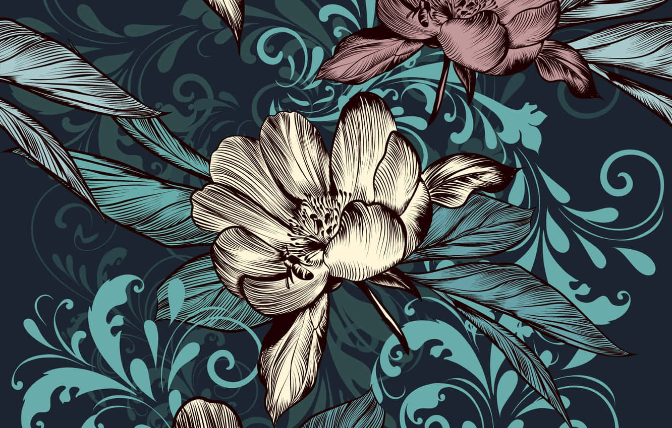 vintage-style floral illustration, cream and teal blossoms, dark navy background, HD Desktop Wallpaper