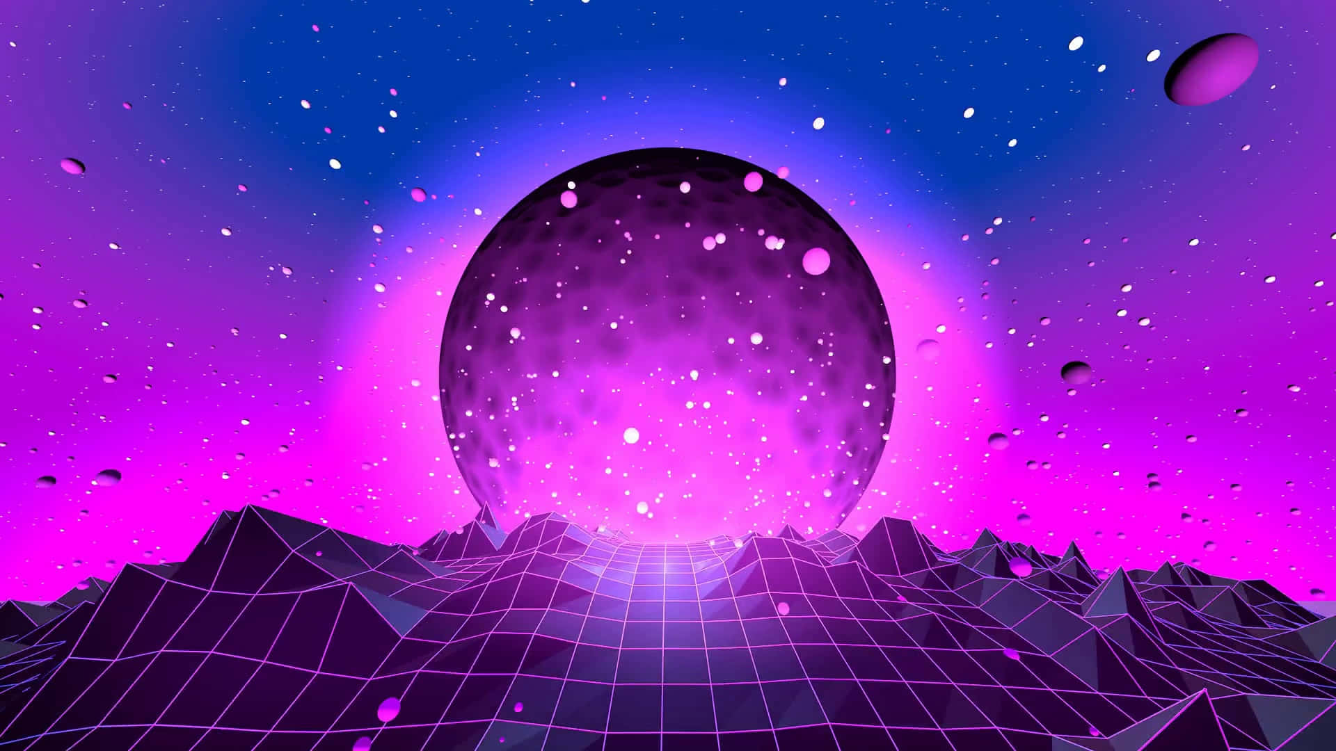 retrofuturistic landscape, glowing purple planet, grid-covered mountain range, Full HD Desktop Wallpaper