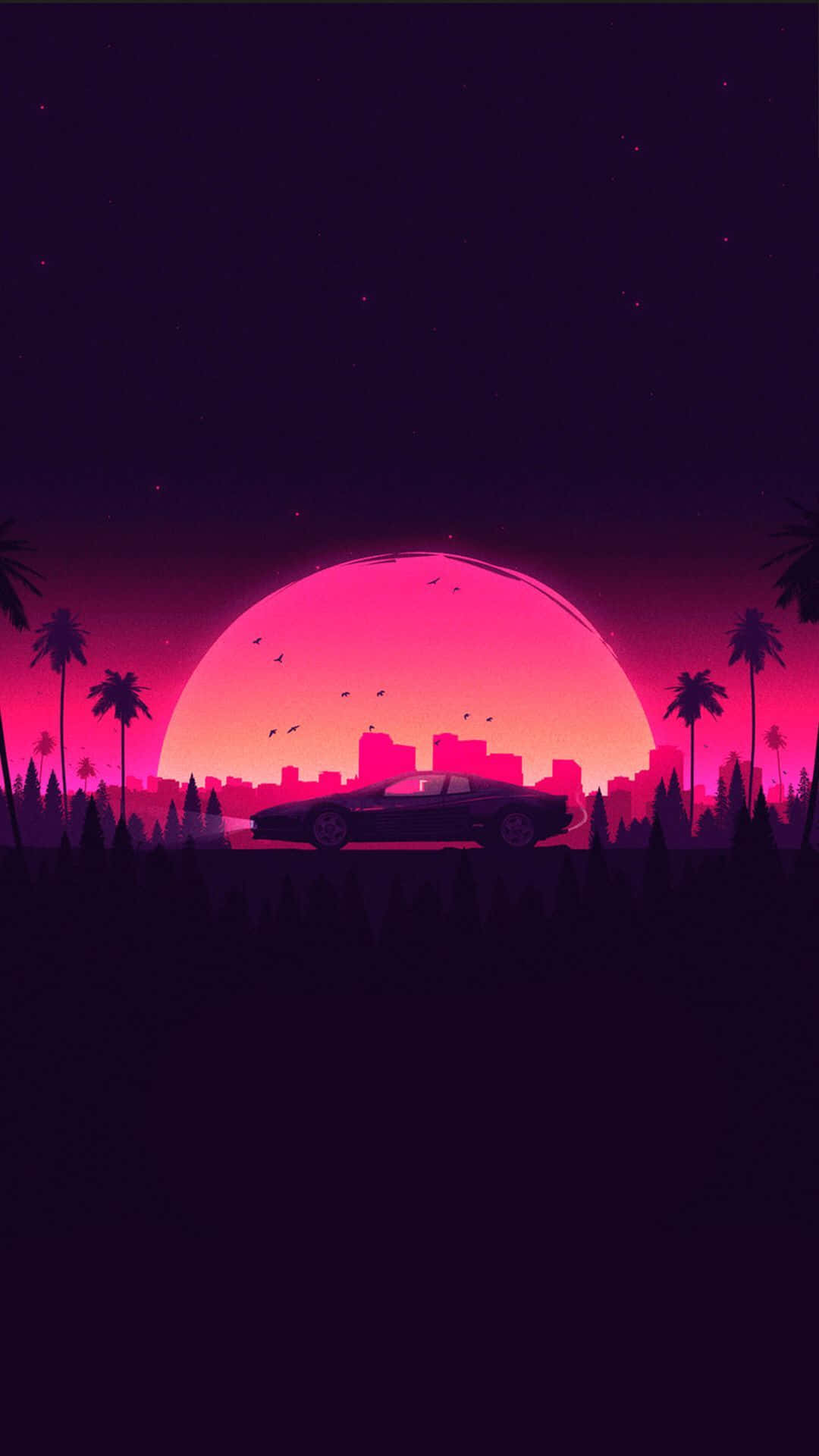 retro sunset, pink sunset, city skyline, Full HD Phone Wallpaper