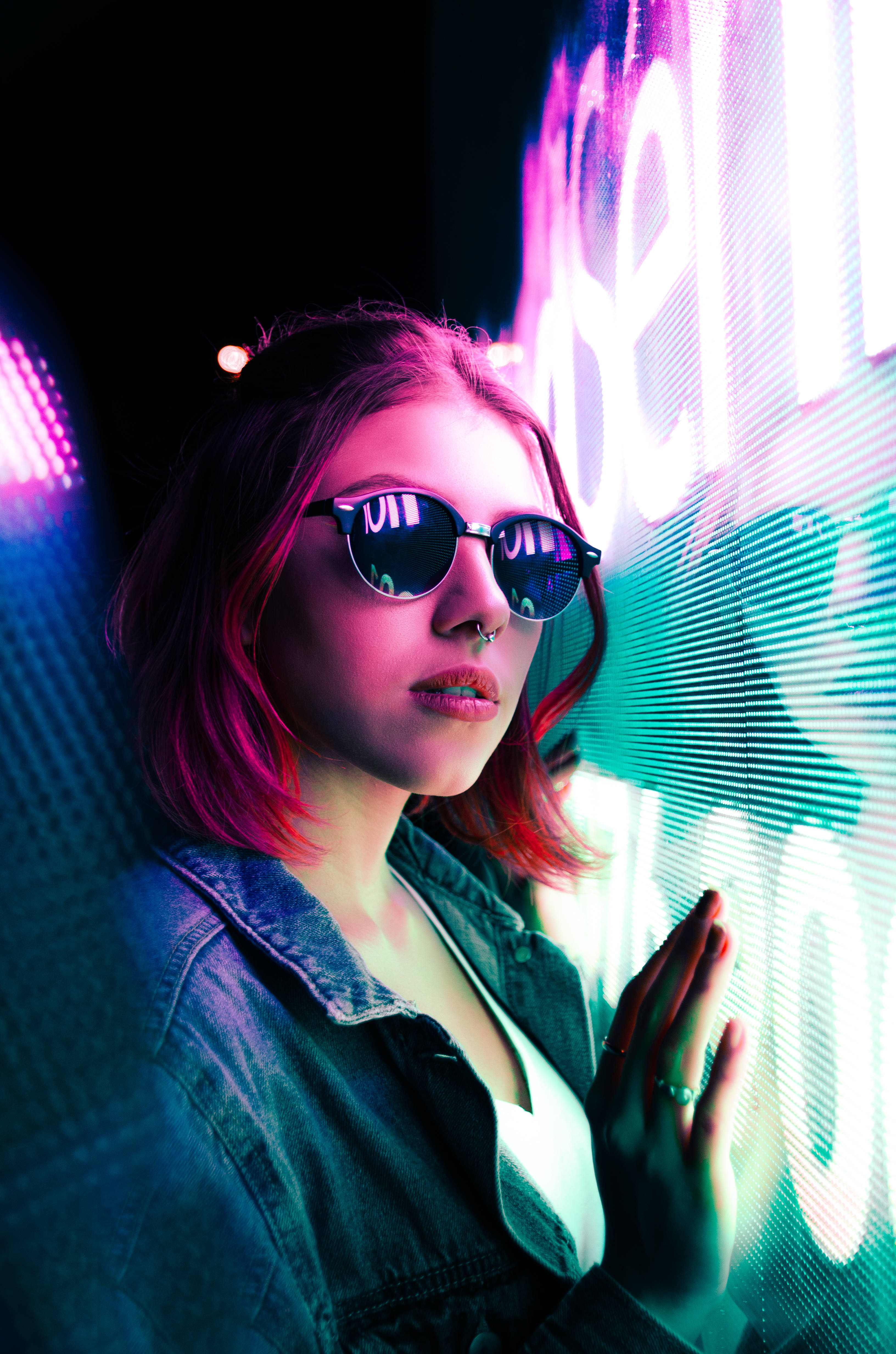 retrowave girl, sunglasses, neon sign, 4K Phone Wallpaper