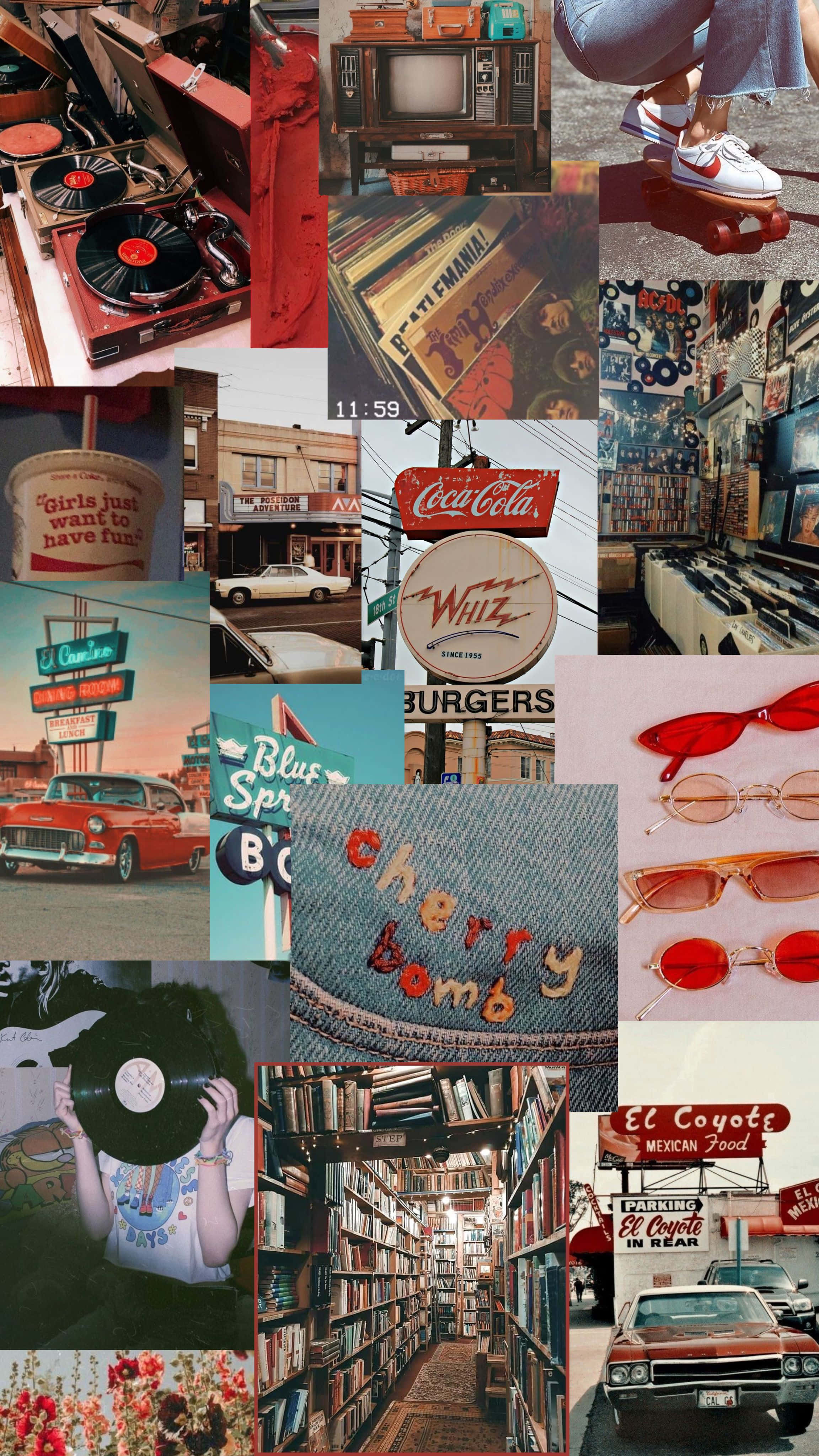 vintage girl, retro collage, vintage cars, 4K Phone Wallpaper