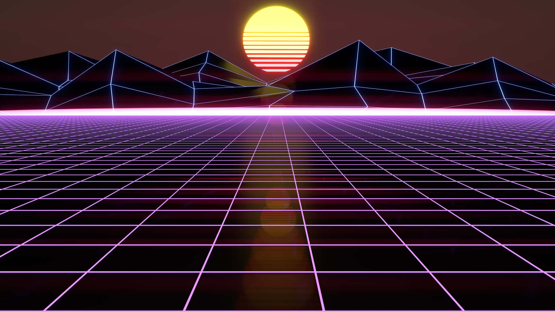 neon grid floor, glowing geometric mountains, sunset sun, Full HD Desktop Wallpaper